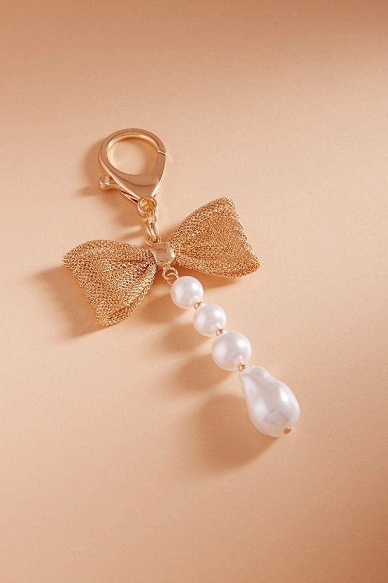 Mesh Chain Bow W Cream Pearl Bag Charm Keychain C4K2538