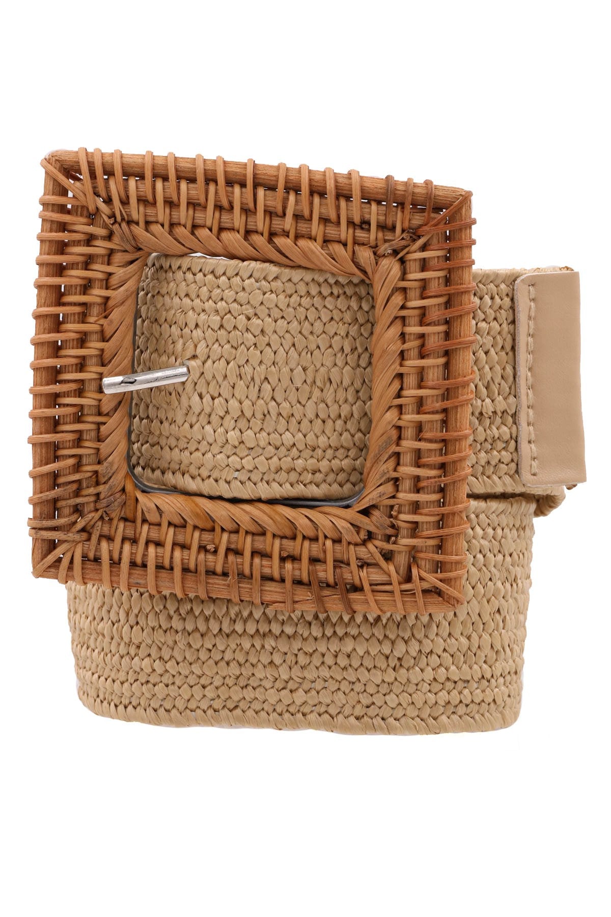 Wood Square Buckle Woven Straw Stretch Belt 41475-1-BT-C