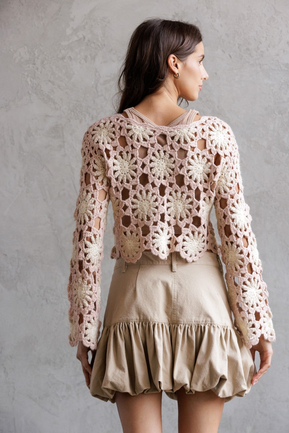Crochet Flower Long Sleeve Crop Top JT4104-1