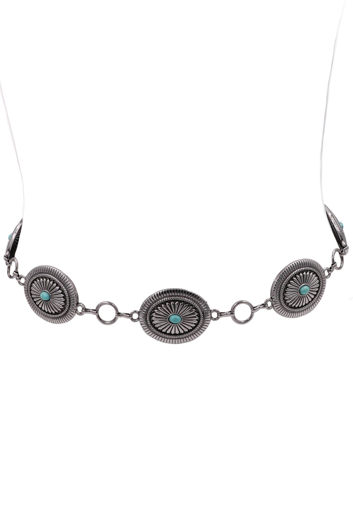 Metal Oval Beam Concho Stone Chain Belt 45740-BT
