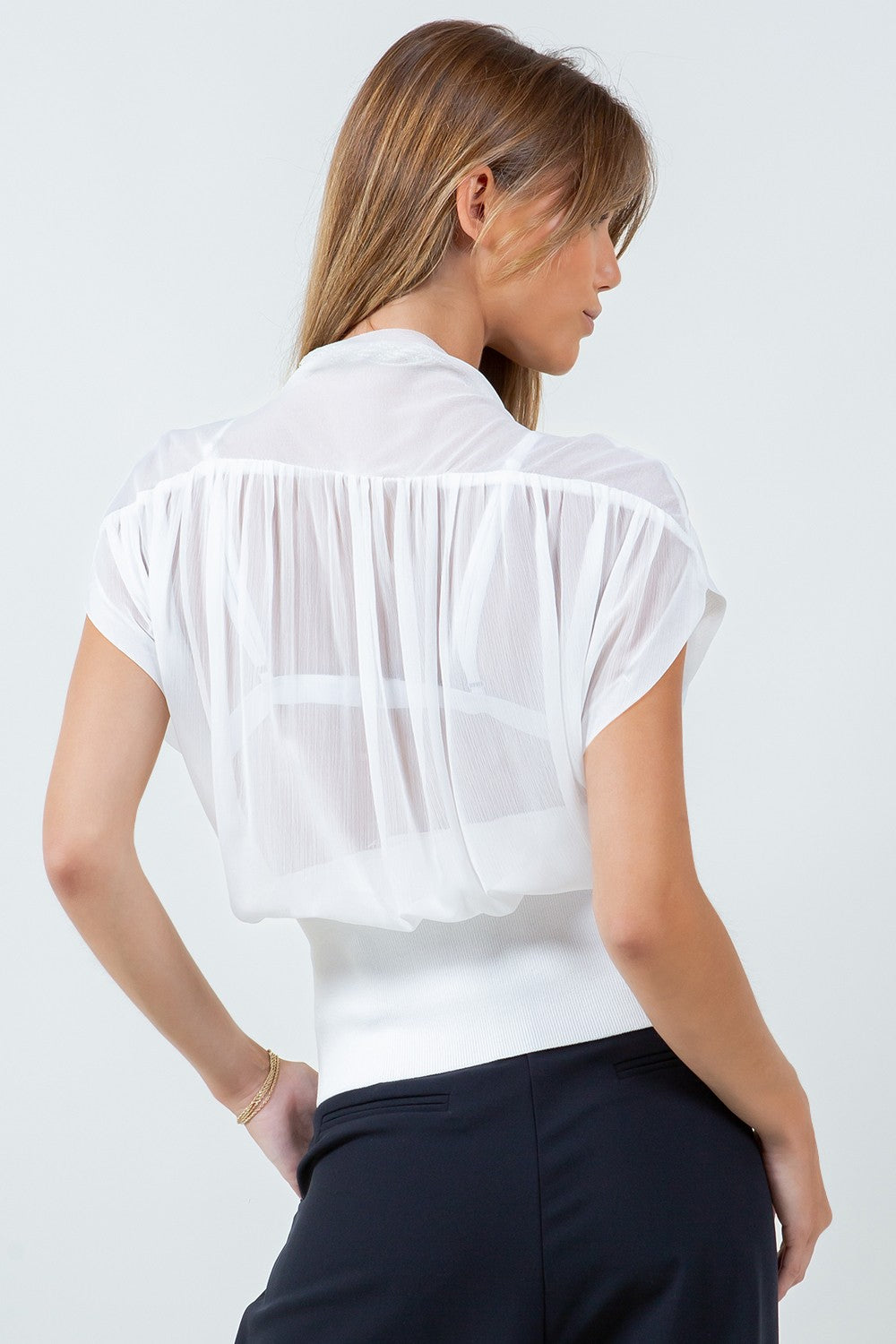 Fabric Mixed Semi Sheer Blouse T12936-WC