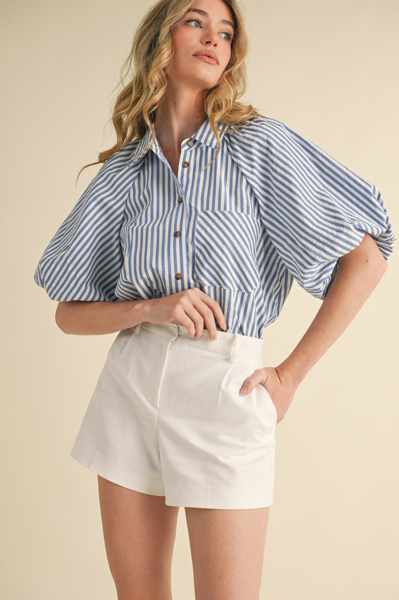 Striped Bubble Sleeve Button Down Top MTP3329-GH