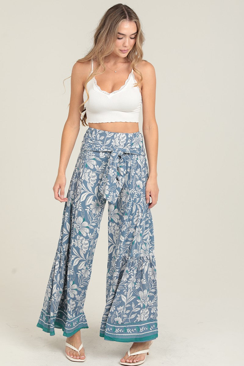 Printed Wide Leg Pants With Tie Waist 25S89-A914