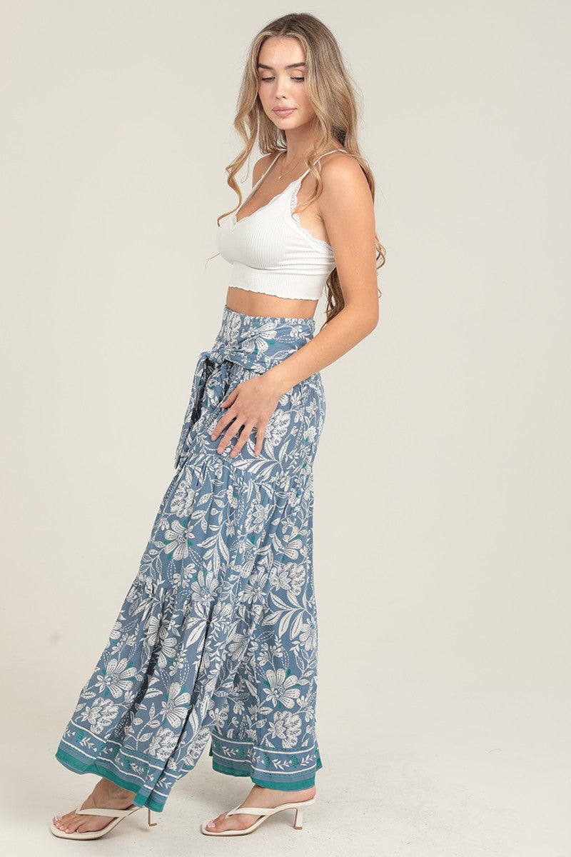 Printed Wide Leg Pants With Tie Waist 25S89-A914