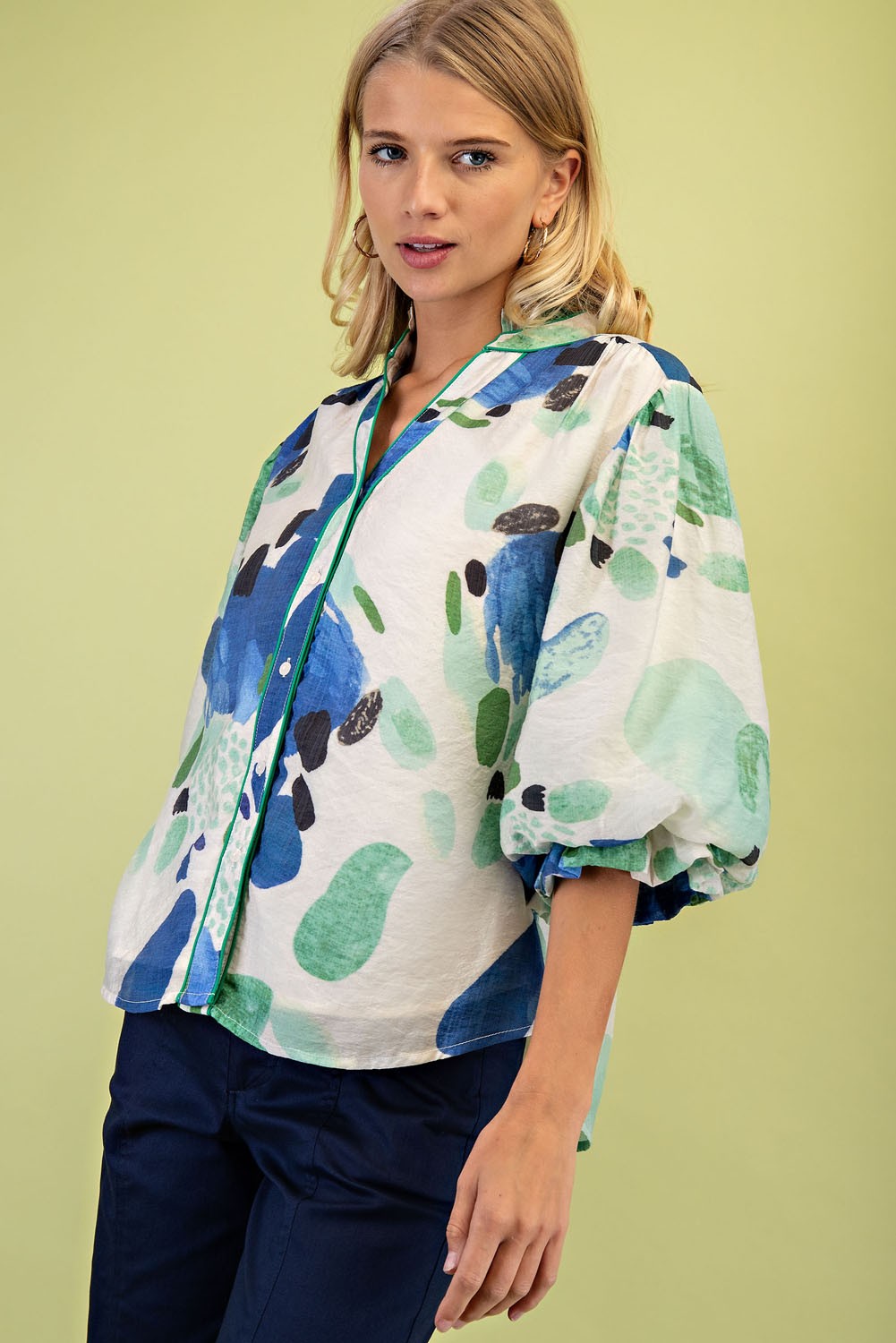 Printed Blouse With Gathered Balloon Sleeves TG2141