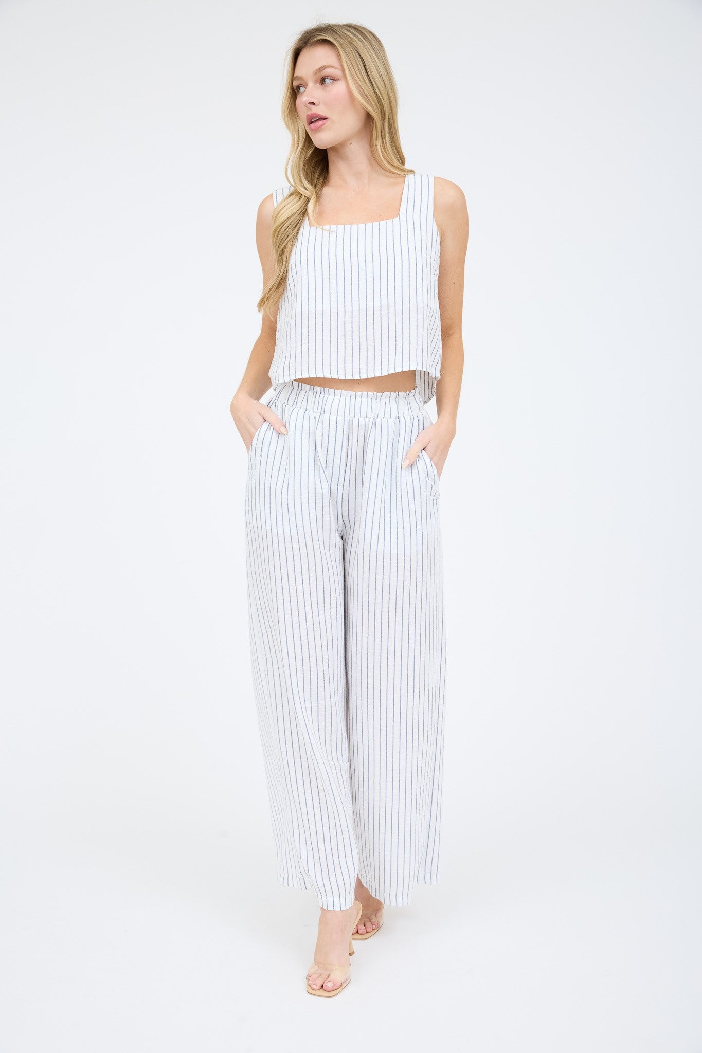 Pinstripe Sleeveless Tank and Wide Leg Pant Set TW1652