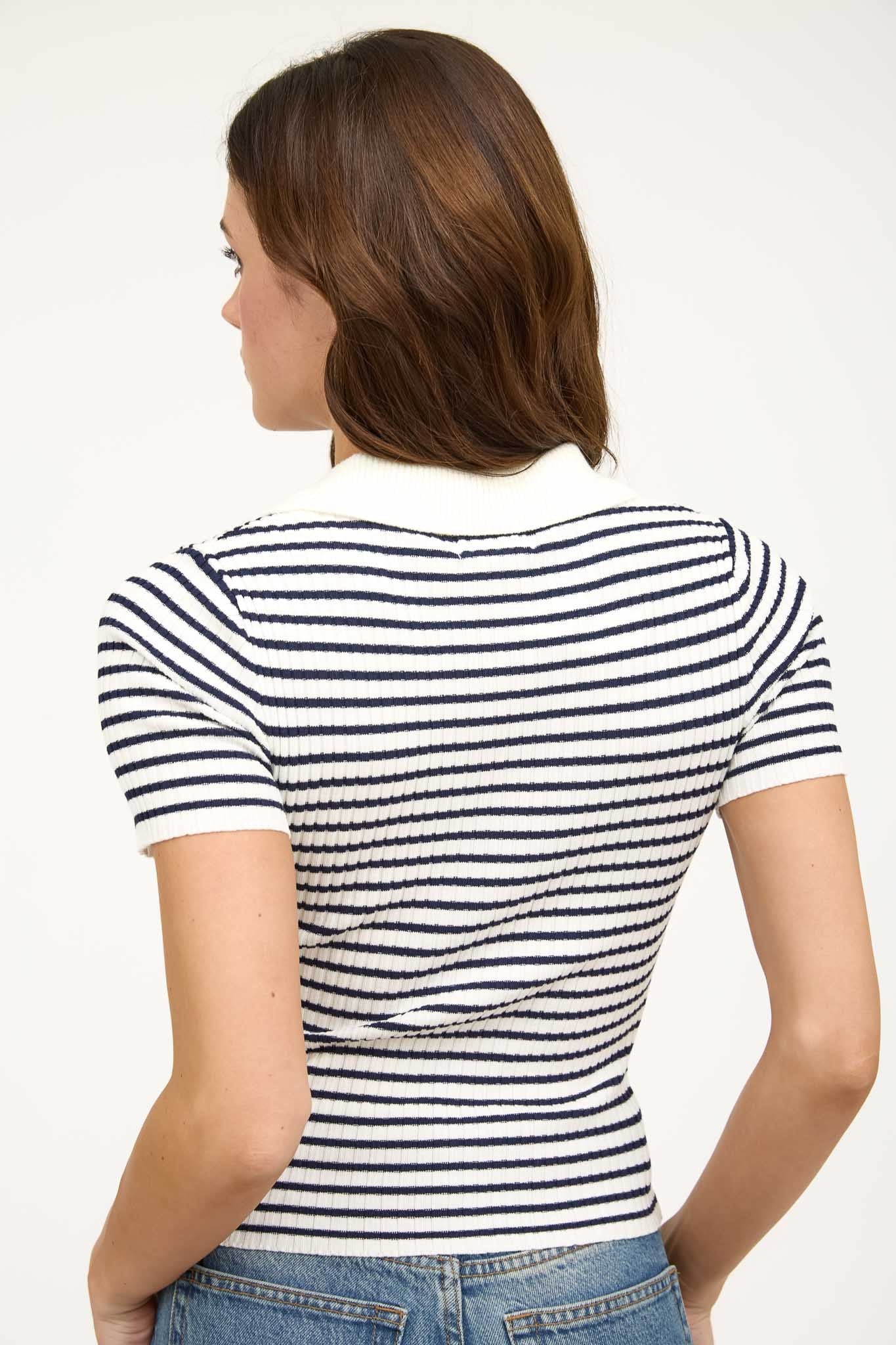 Stripe Collared Cut-out Detail Sweater Knit Top TW1669