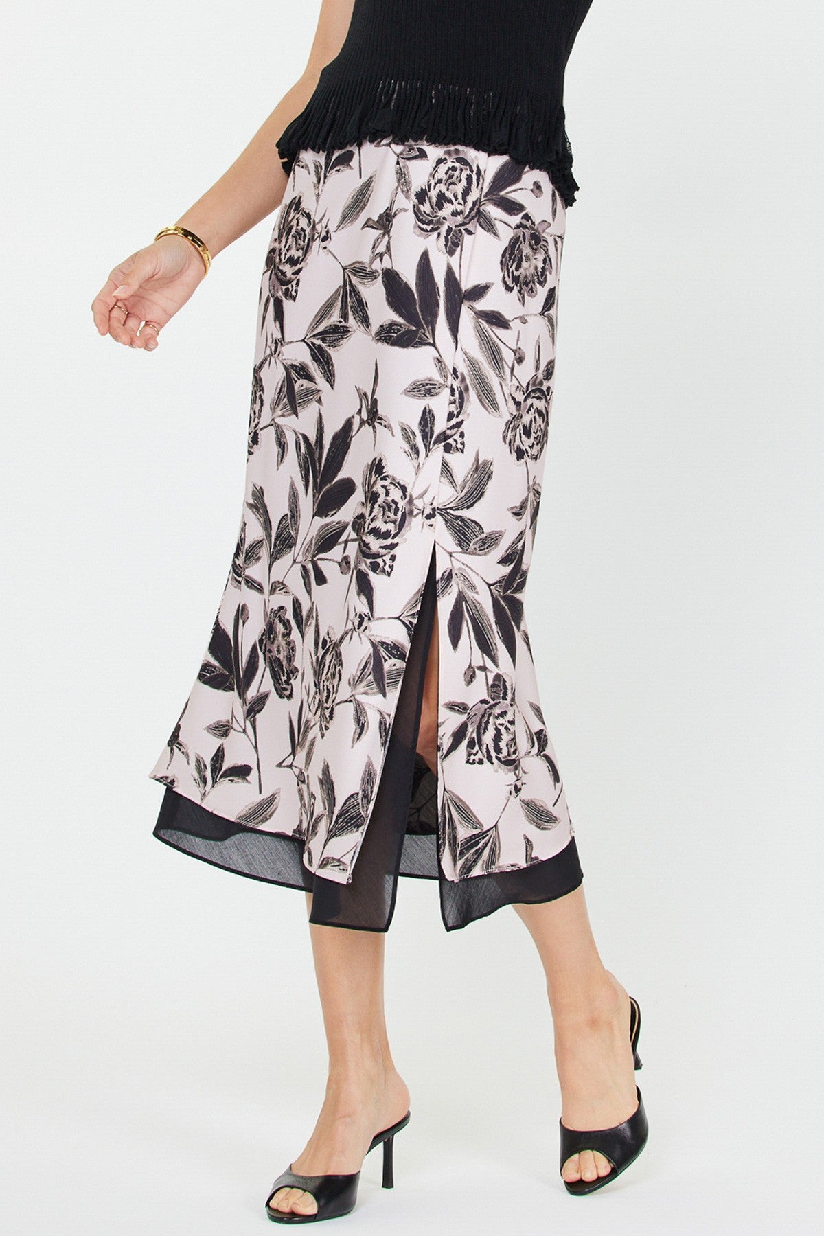 Floral Printed Midi Skirt W/chiffon Layer 2550104-1