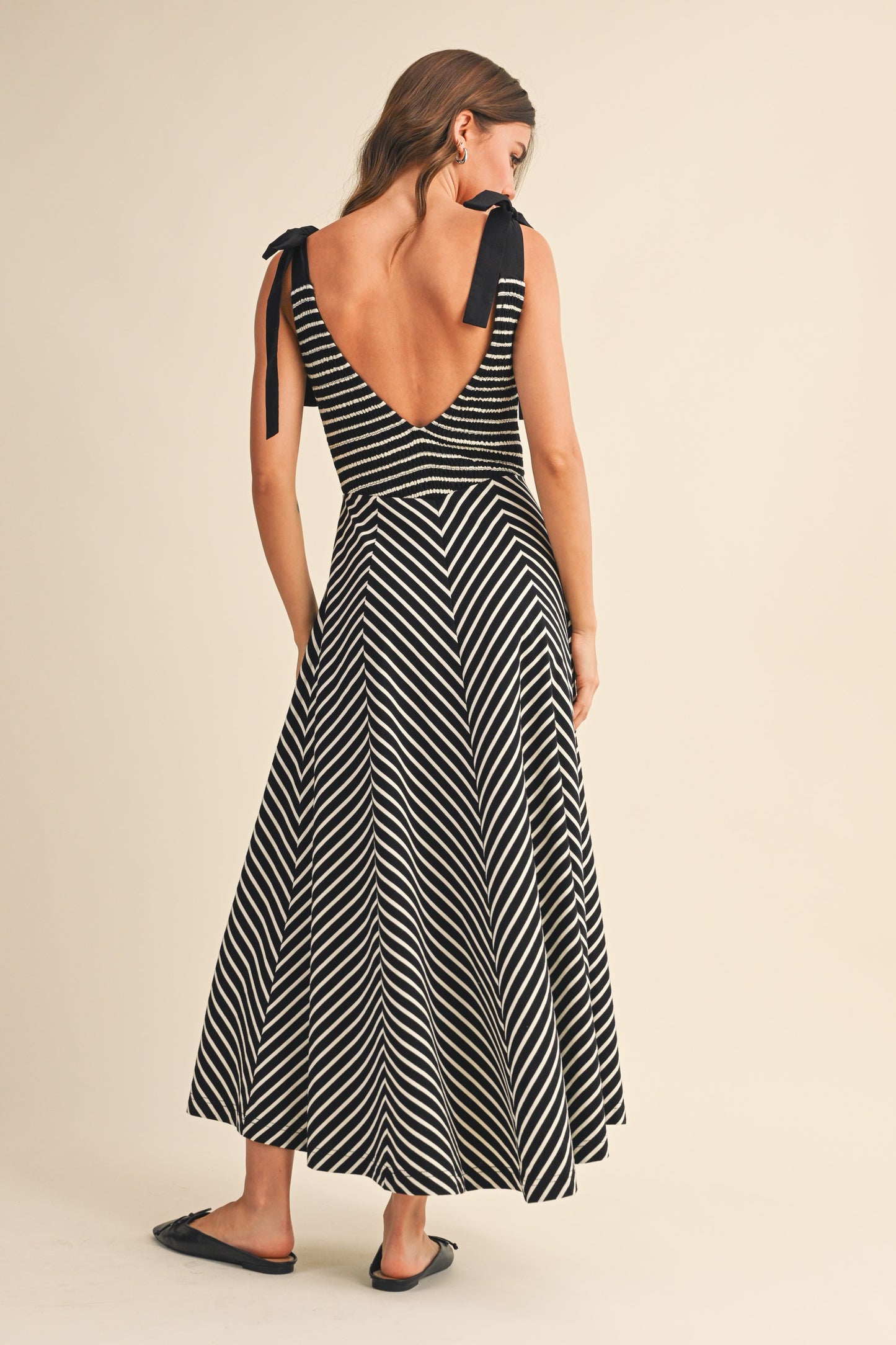 Striped Knit Contrast Straps Smocked Bodice Dress ID9356