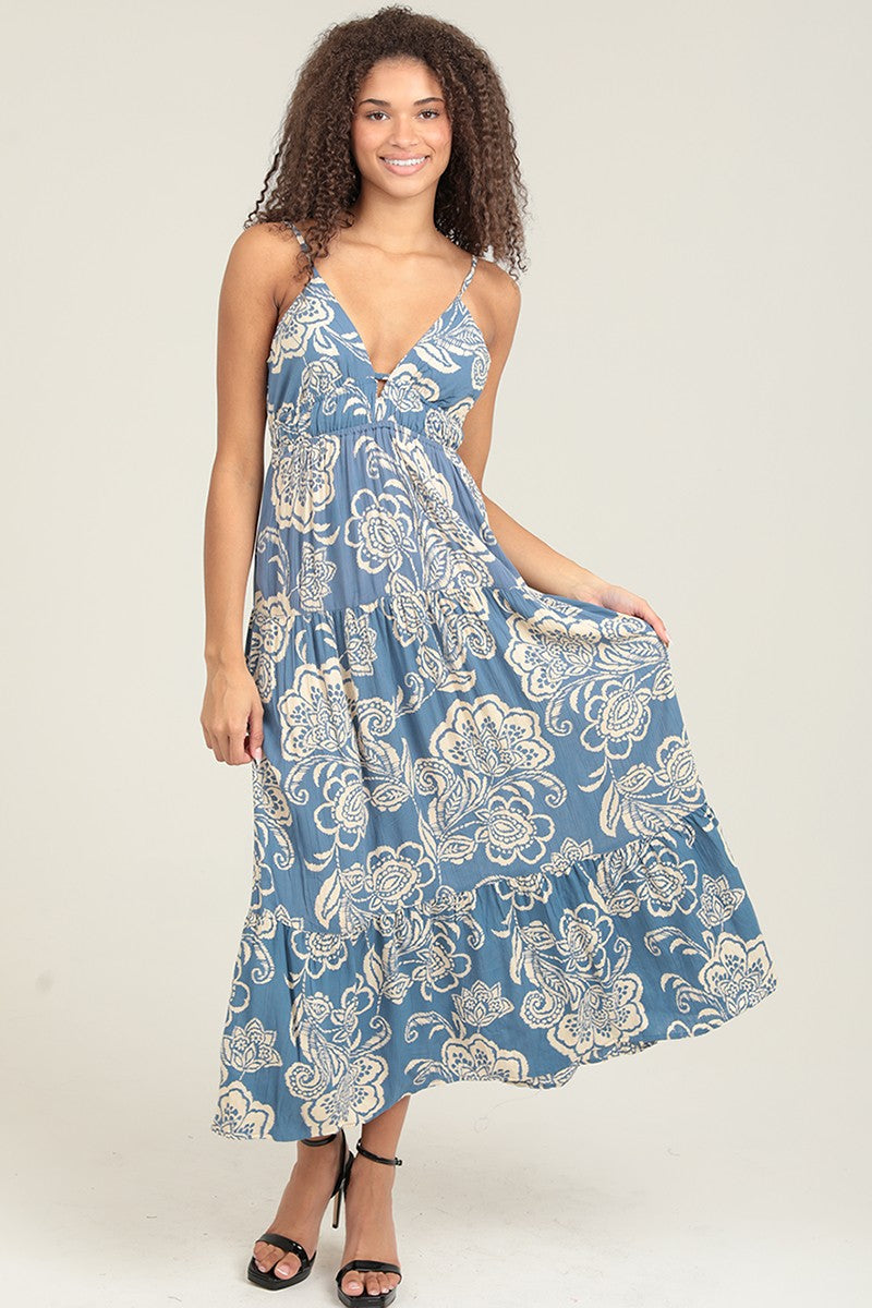 Floral Print Keyhole Peek A Boo Tiered Maxi Dress F4F72-A888
