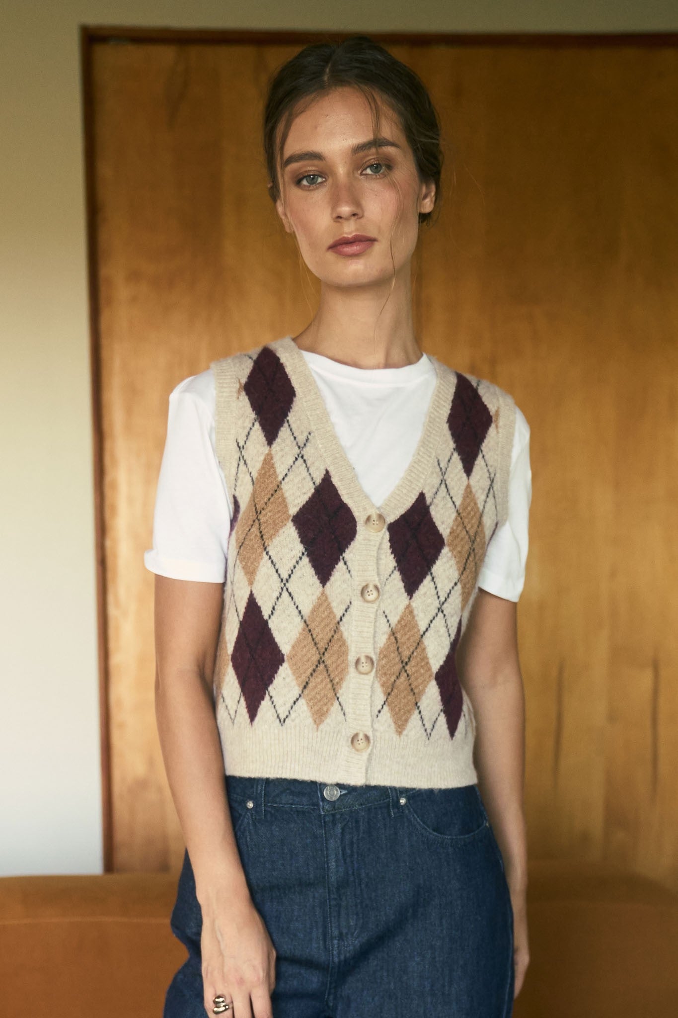 Argyle Pattern Button Down Knit Cardigan Vest TW1923