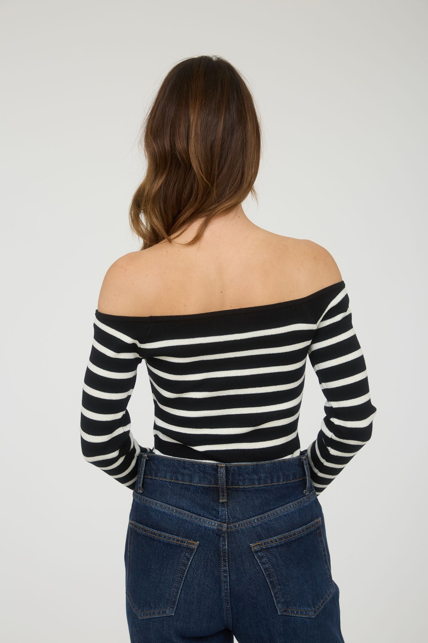 Stripe Off The Shoulder Long Sleeve Knit Sweater TW1521