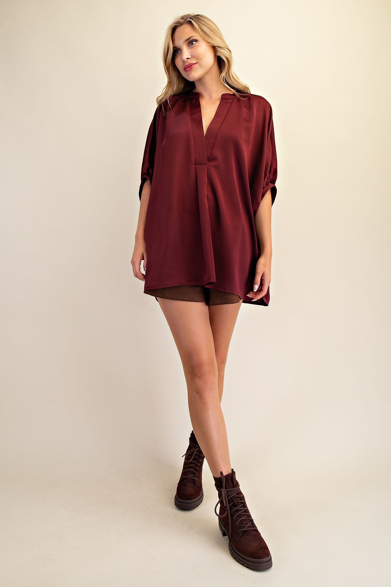 V-neck Placket Oversized Satin Top GT9352