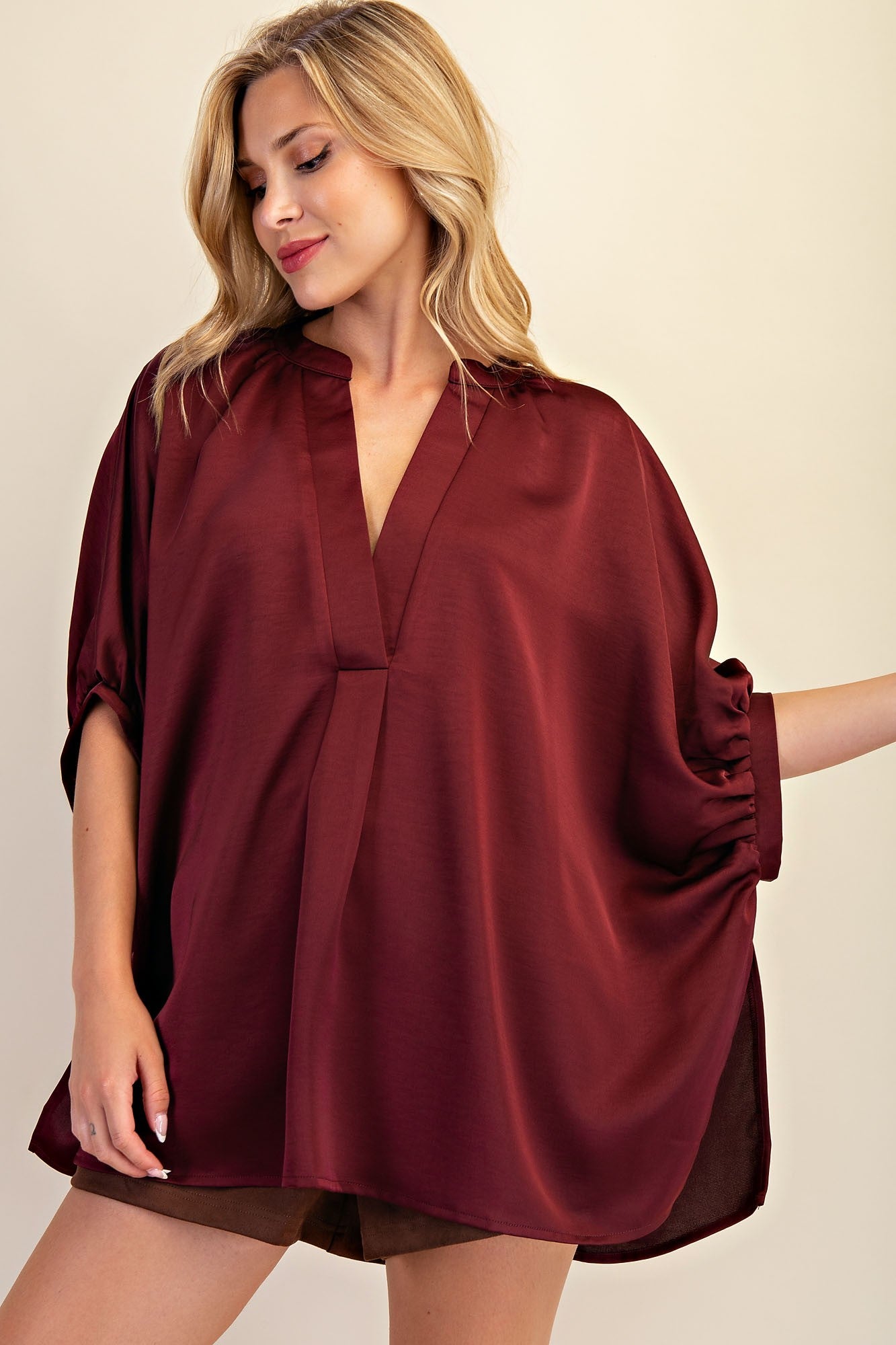 V-neck Placket Oversized Satin Top GT9352