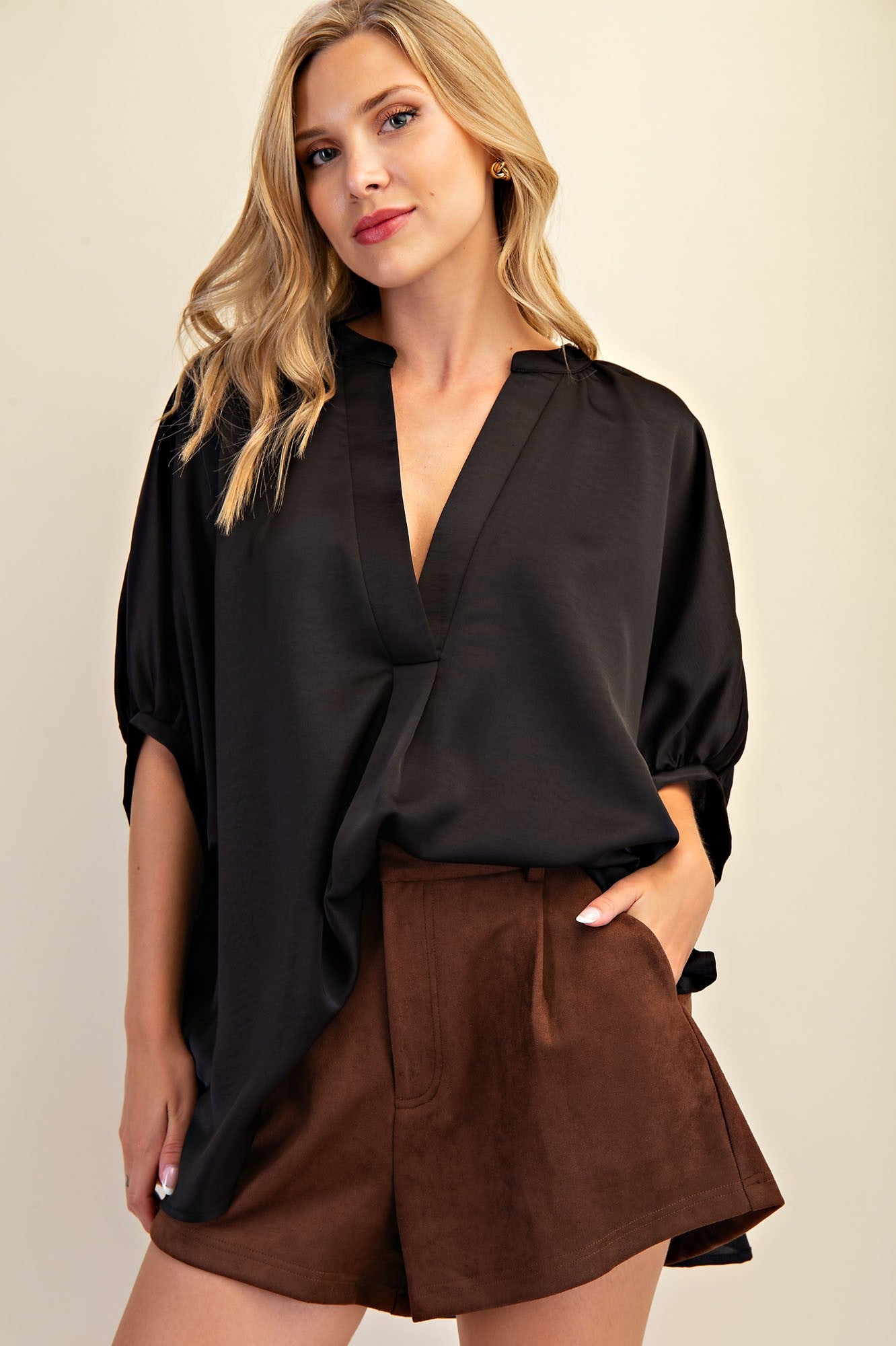 V-neck Placket Oversized Satin Top GT9352