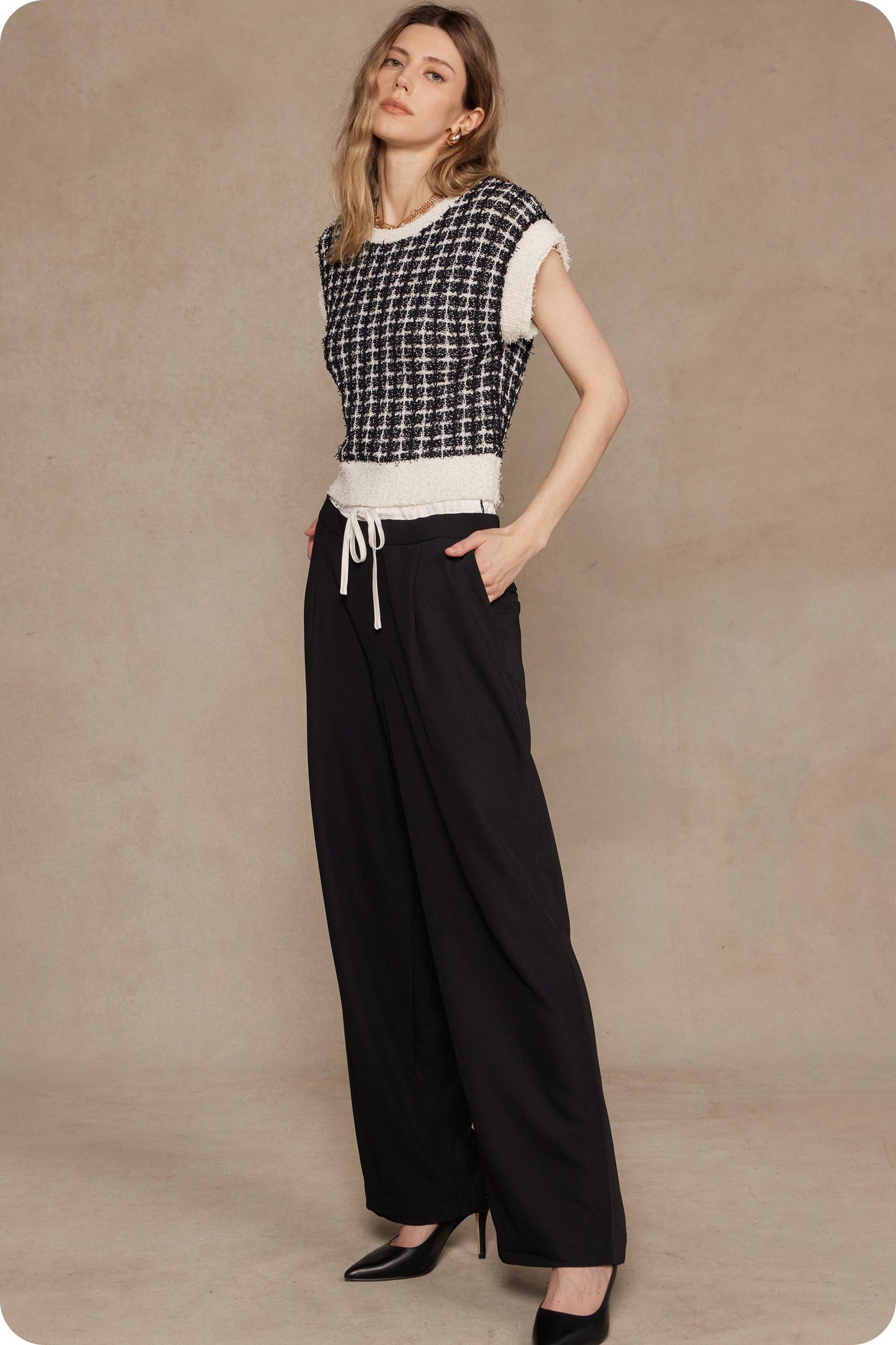 Sleeveless Check Tweed Knit Sweater Top SSB-TK-40037-L