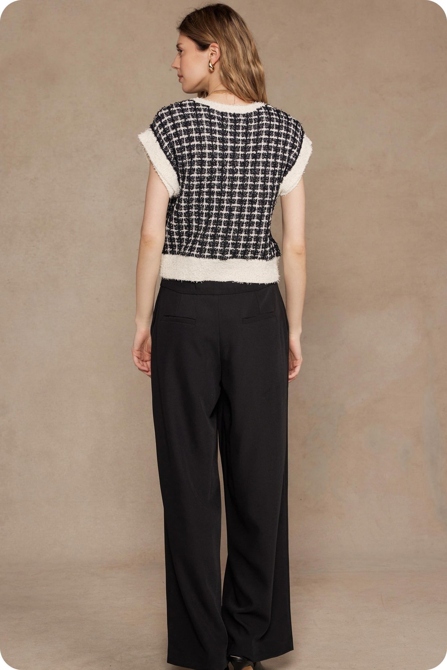 Sleeveless Check Tweed Knit Sweater Top SSB-TK-40037-L
