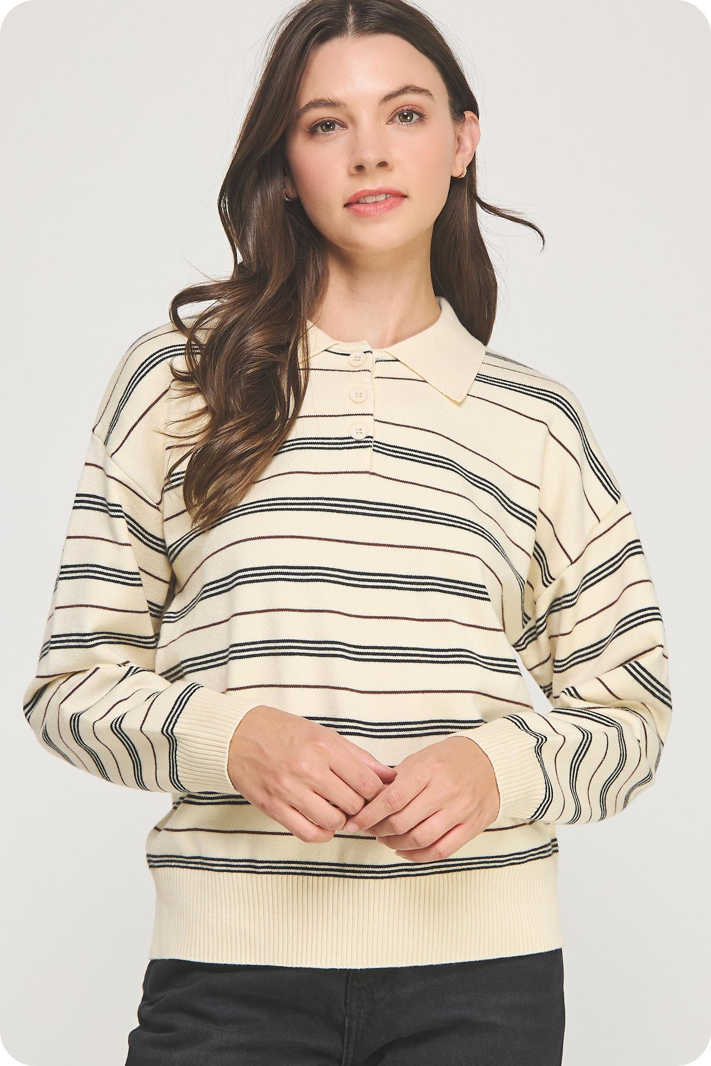 Striped Collared Knit Polo Top TK-40243-H