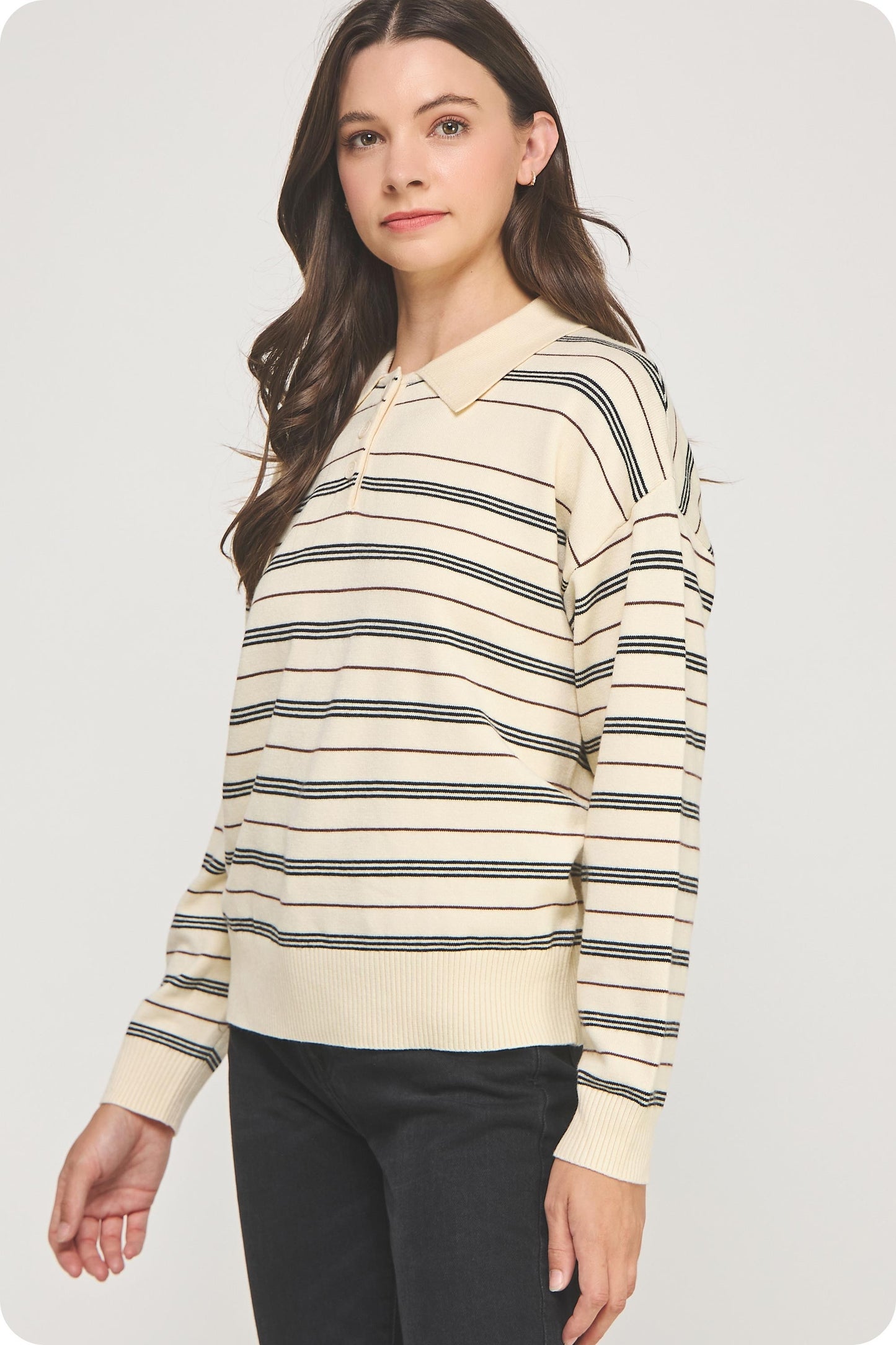 Striped Collared Knit Polo Top TK-40243-H
