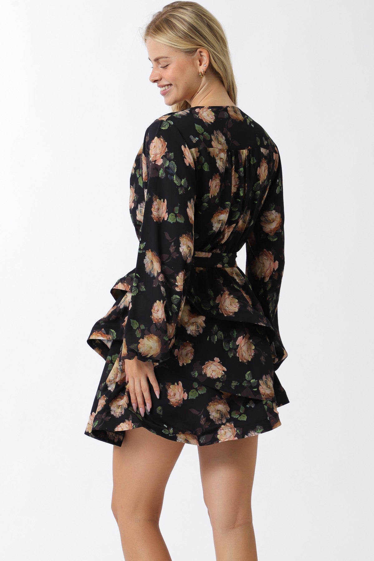 Long Sleeve Tired Mini Dress With Sash Tie Belt DJ32469Y