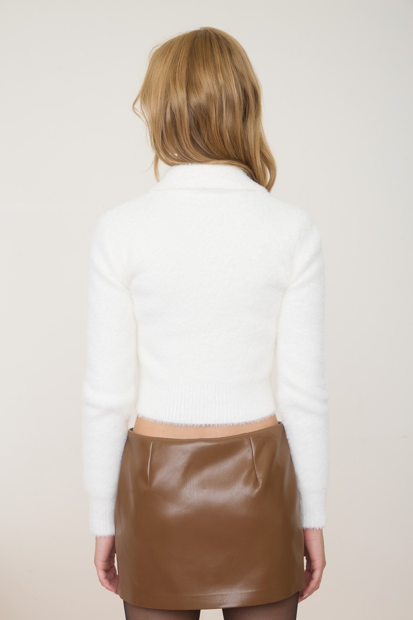 Fuzzy Knit Collared Button Down Cropped Jacket TWS1171