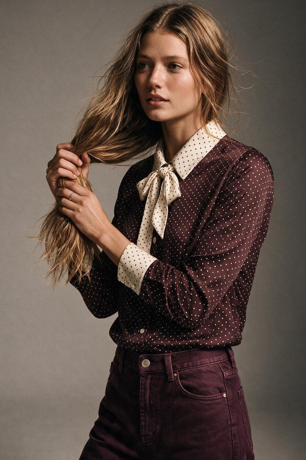 Burgundy Satin Polka-dot Print Blouse 4982341