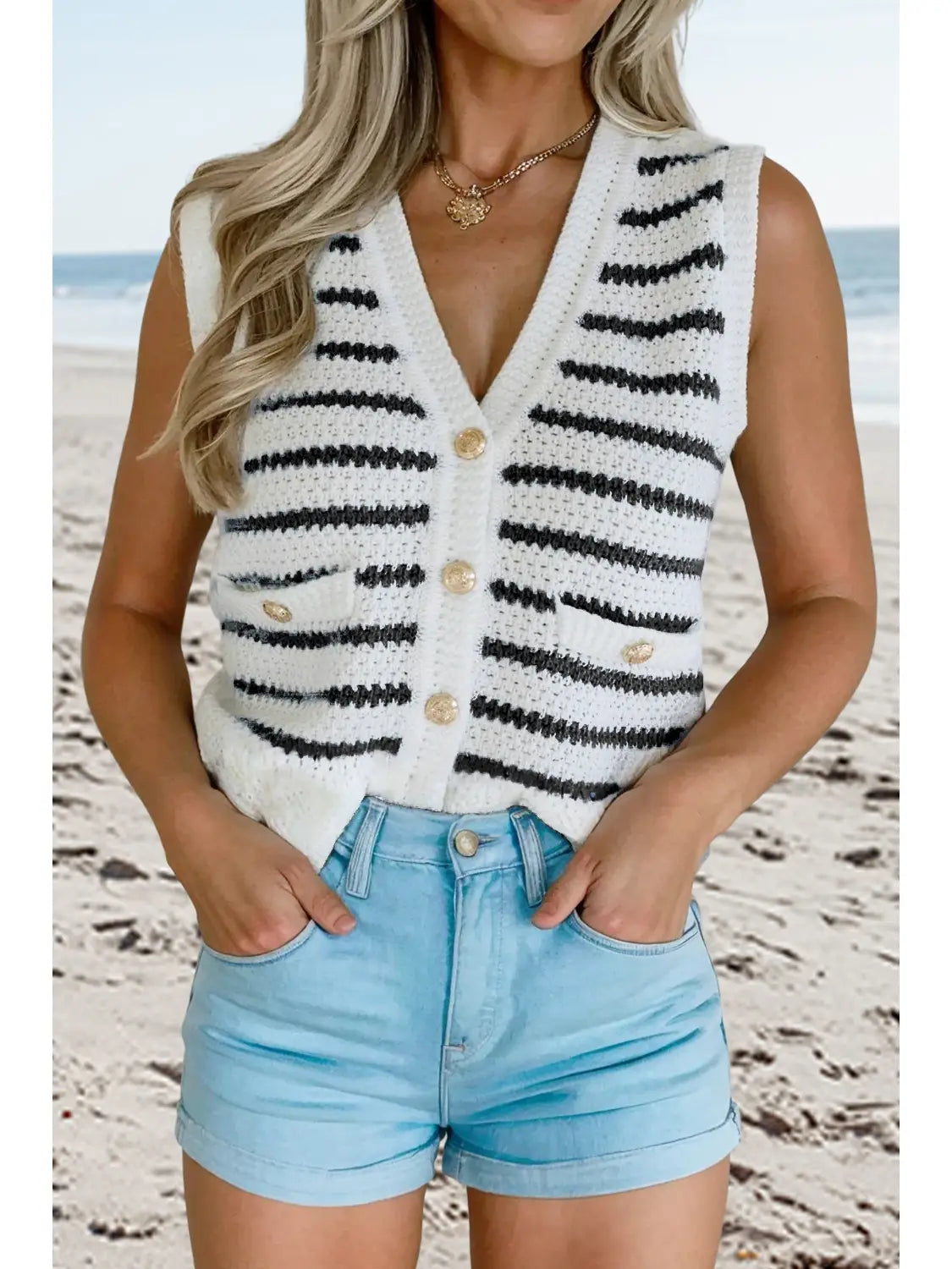 Stripe V Neck Gold Button Sweater Vest APLA274127-P219