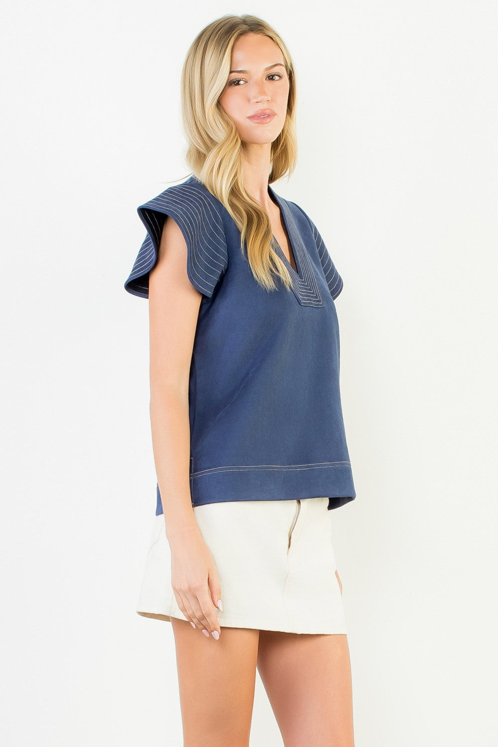 Flutter Sleeve V-neck Suede Top THS1821
