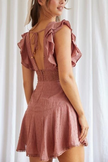 Swiss Dot Ruffled V Neck Mini Dress SR0206B-2