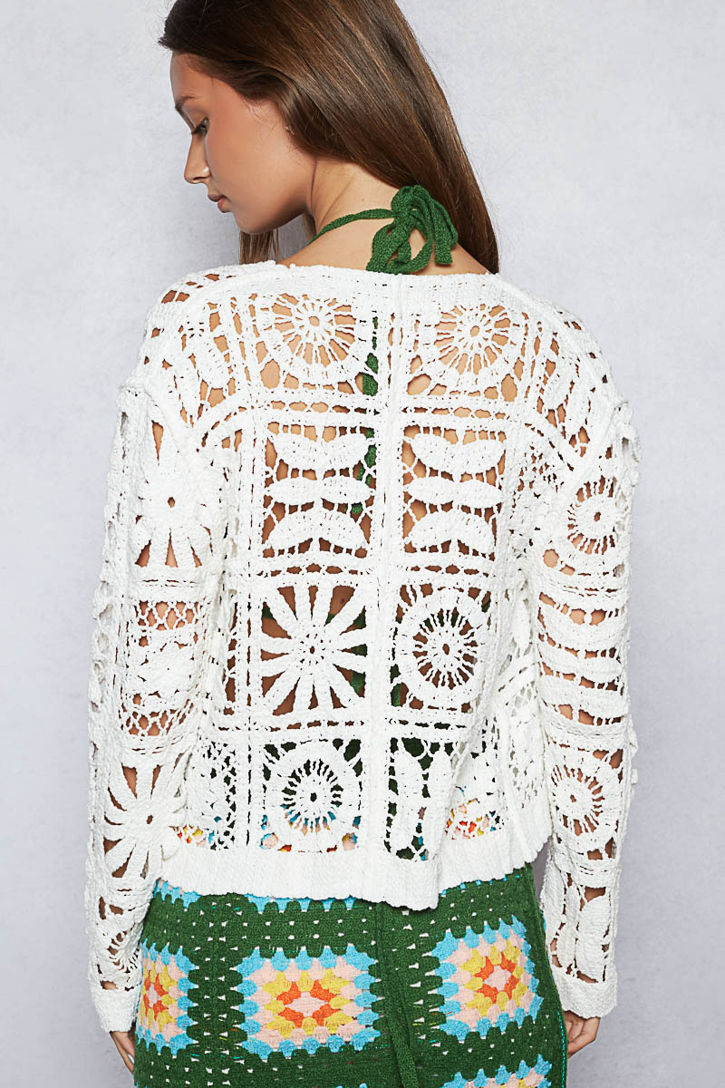 V Neck Long Sleeve Cropped Crochet Cardigan SMC52