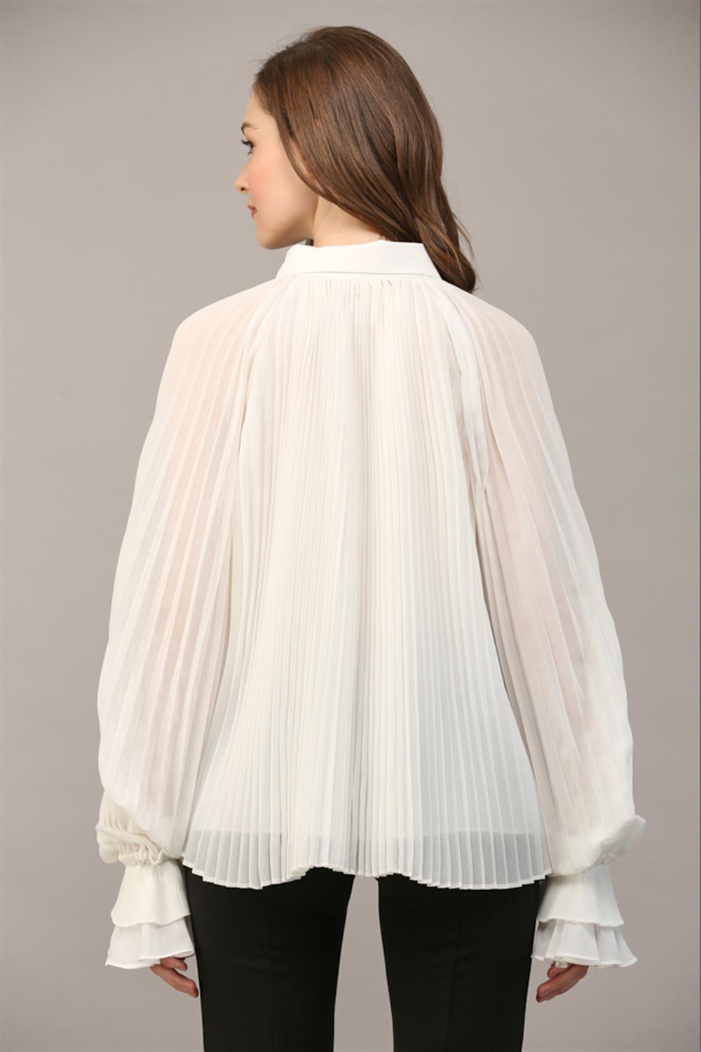 Button Front Voluminous Pleated Sleeve Blouse FT25156