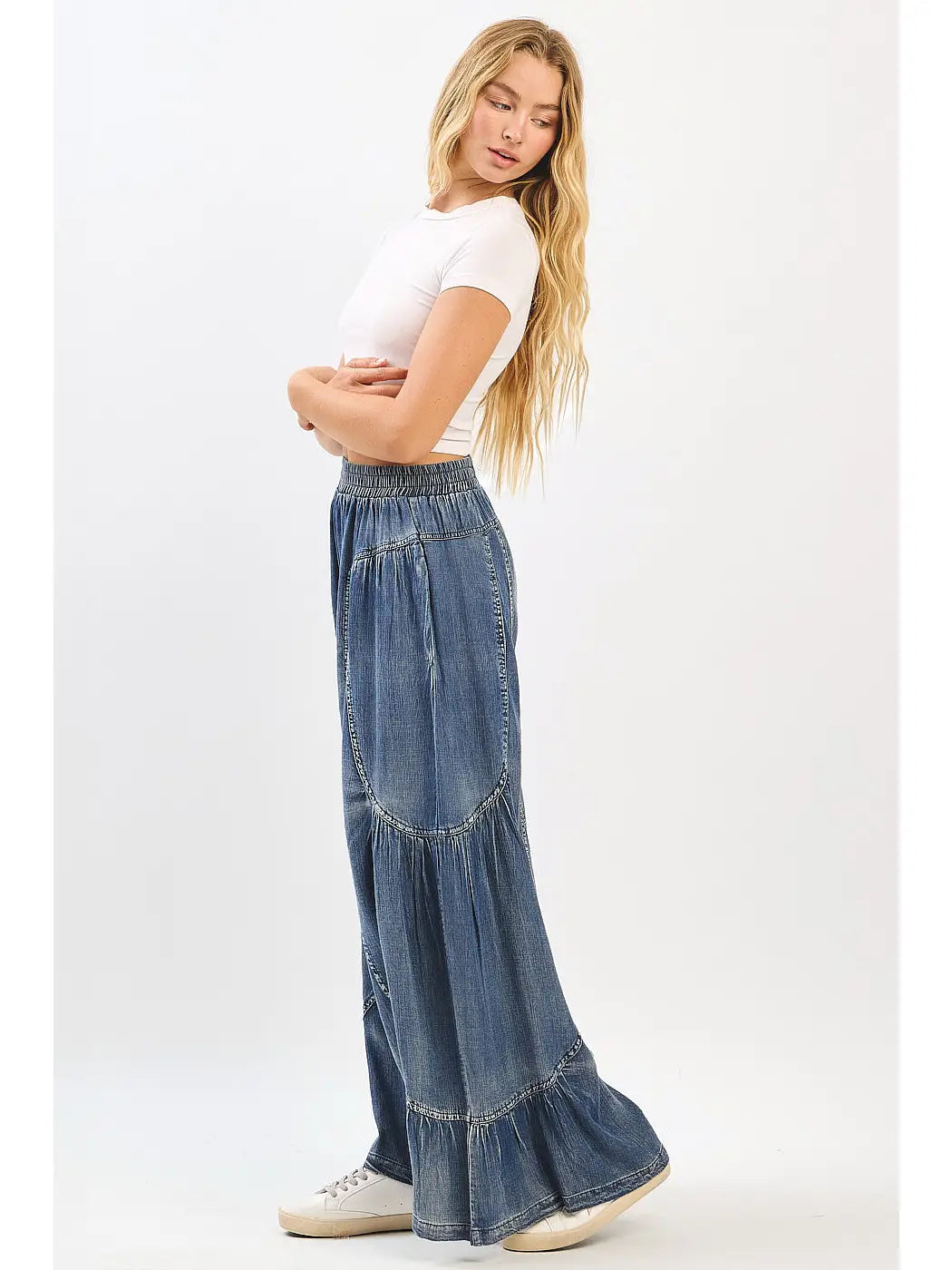 Washed Chambray Tier Detail Wide Leg Pants S70636