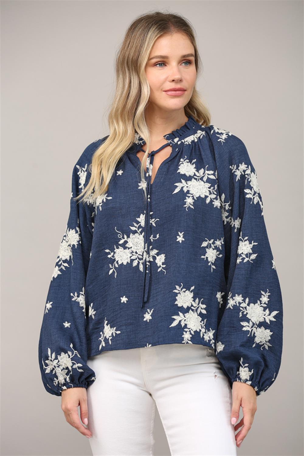 Embroidered Ruffle Tie Neck Blouse FT20228