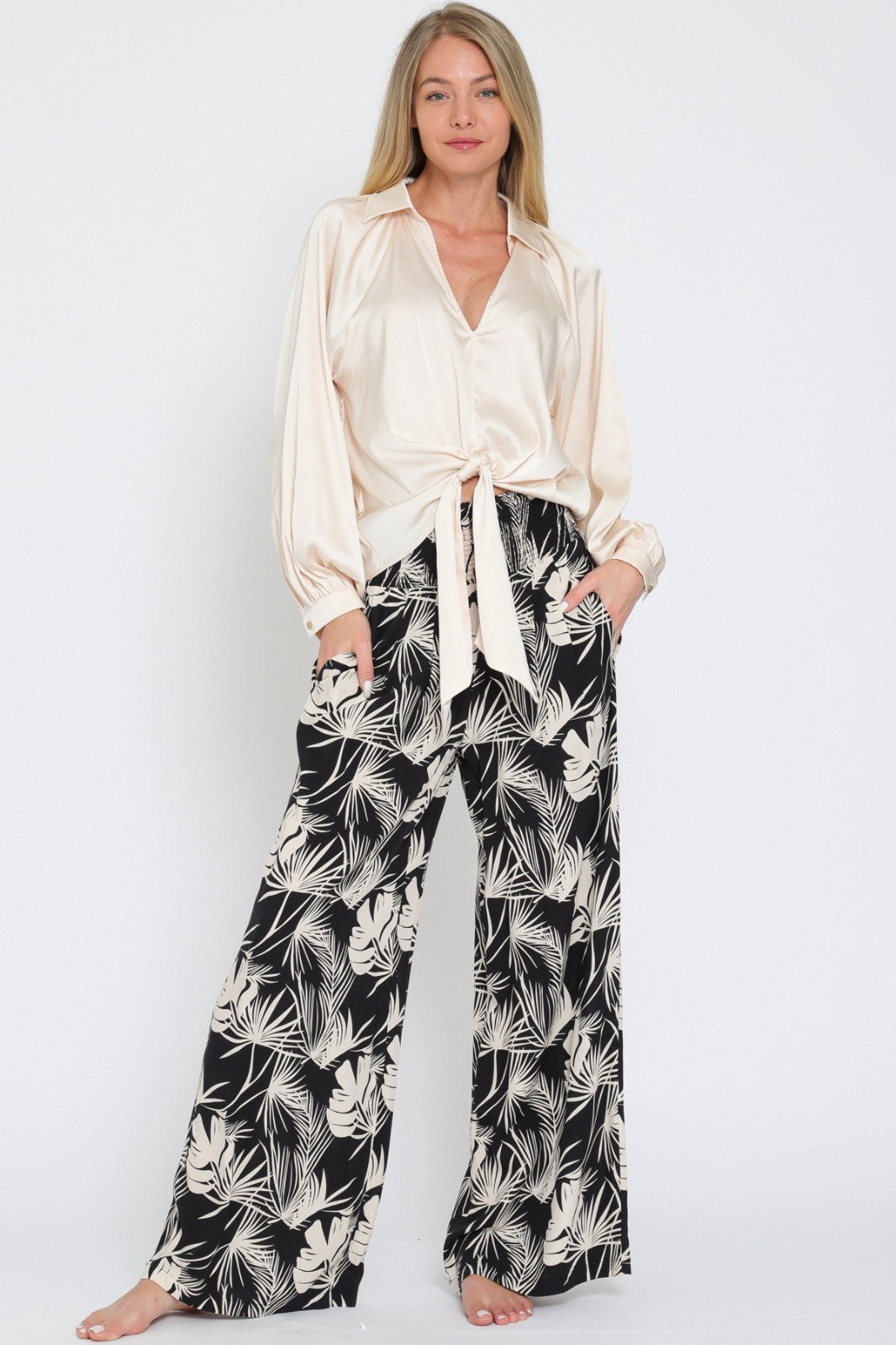 Elastic Smocked Waistband Long Pants RA93046H