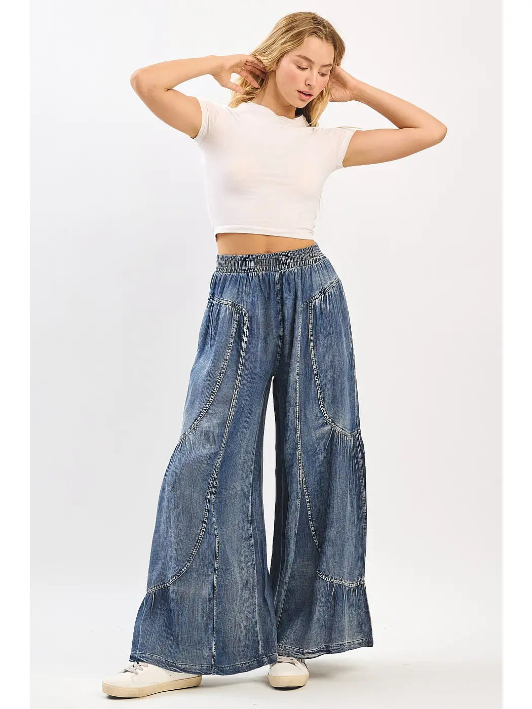 Washed Chambray Tier Detail Wide Leg Pants S70636