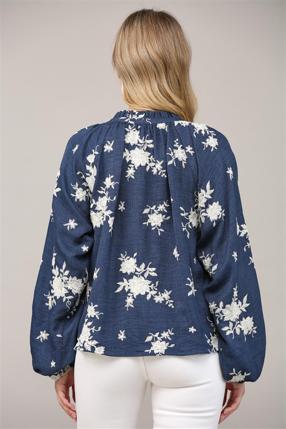Embroidered Ruffle Tie Neck Blouse FT20228