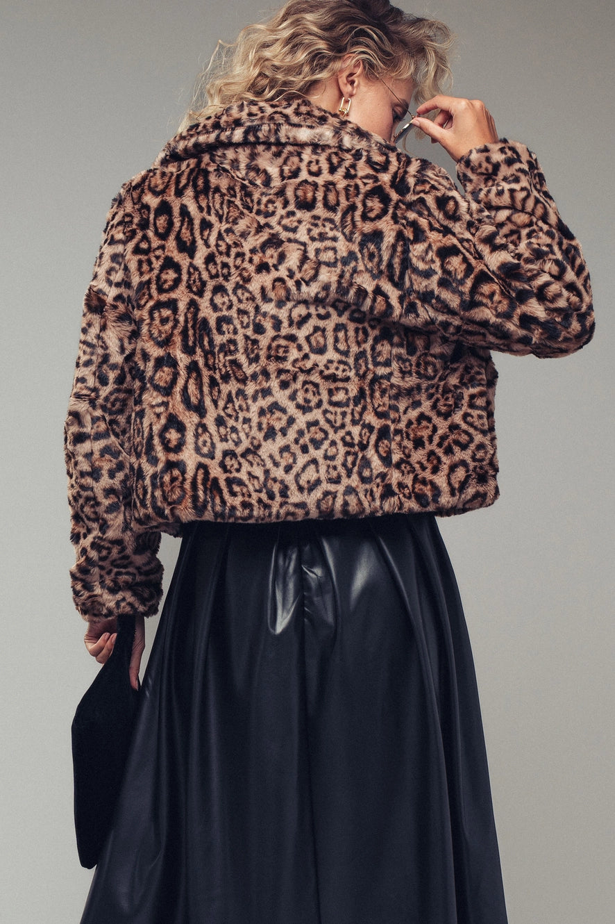 Cropped Faux Fur Leopard Print Bomber Jacket UD80299JN