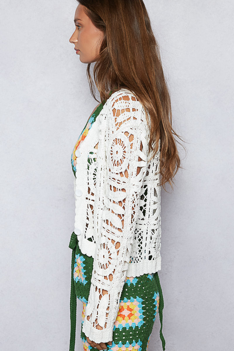 V Neck Long Sleeve Cropped Crochet Cardigan SMC52