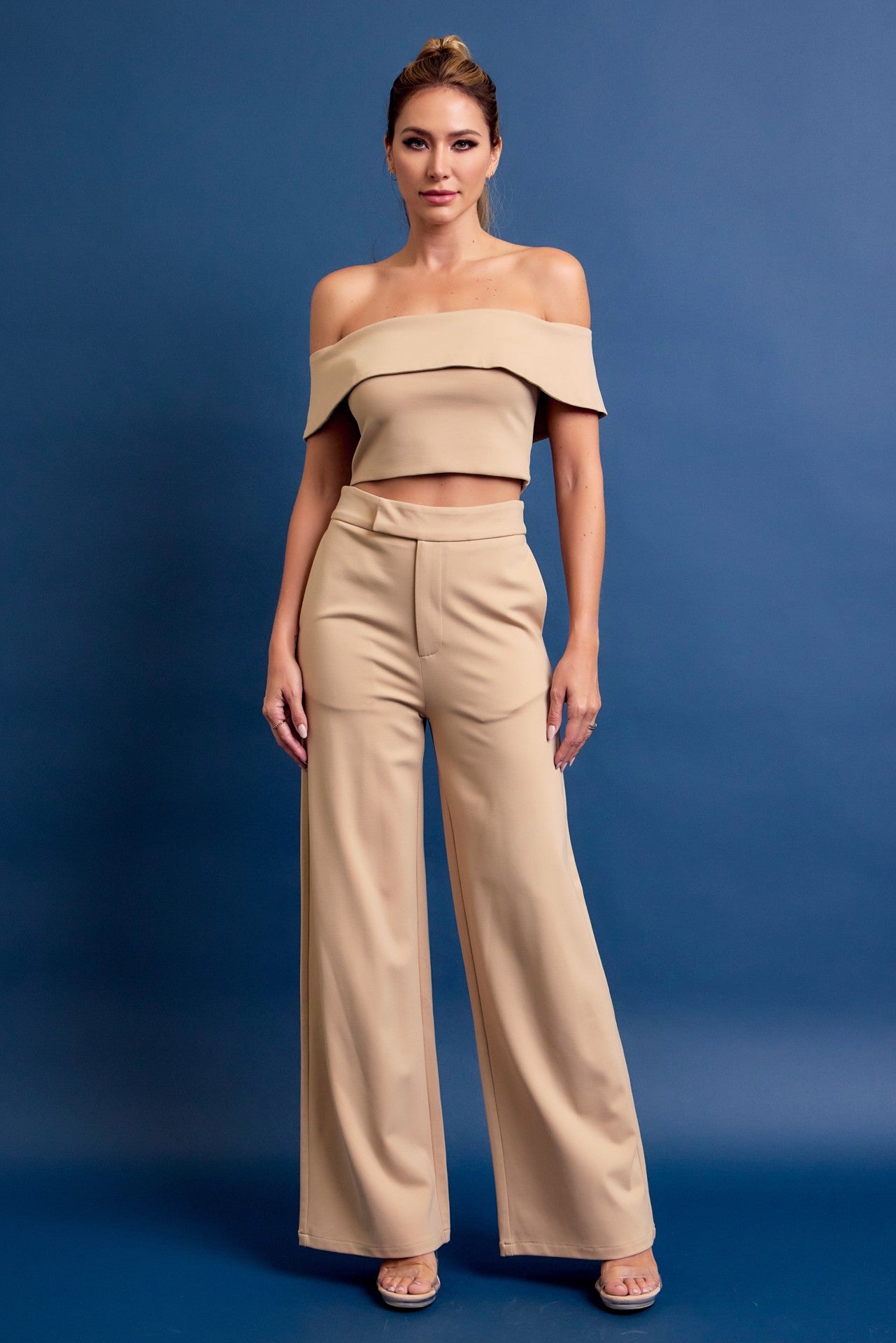 Knit Off Shoulder Crop Top and Wide Leg Pants Set AC062S