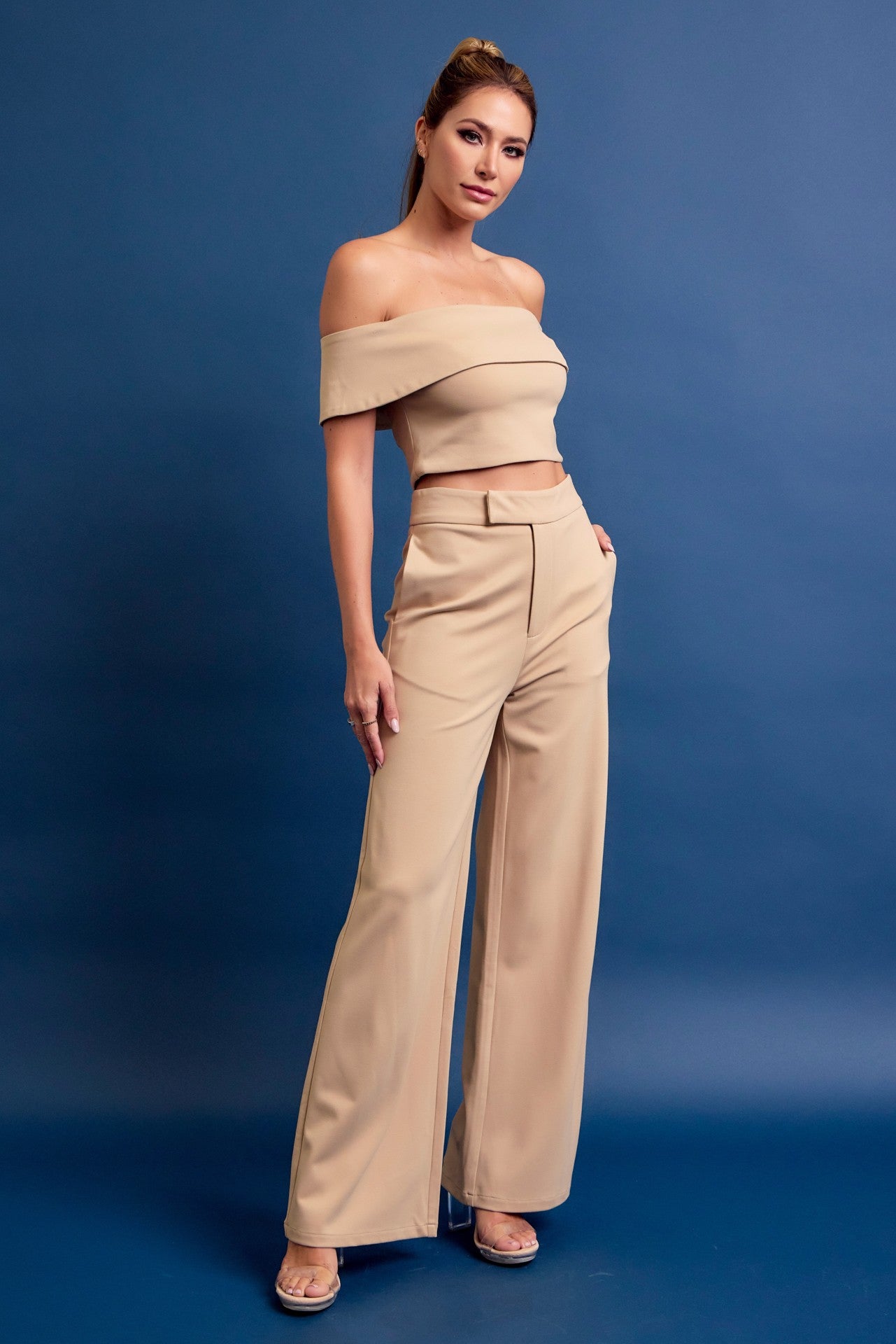 Knit Off Shoulder Crop Top and Wide Leg Pants Set AC062S