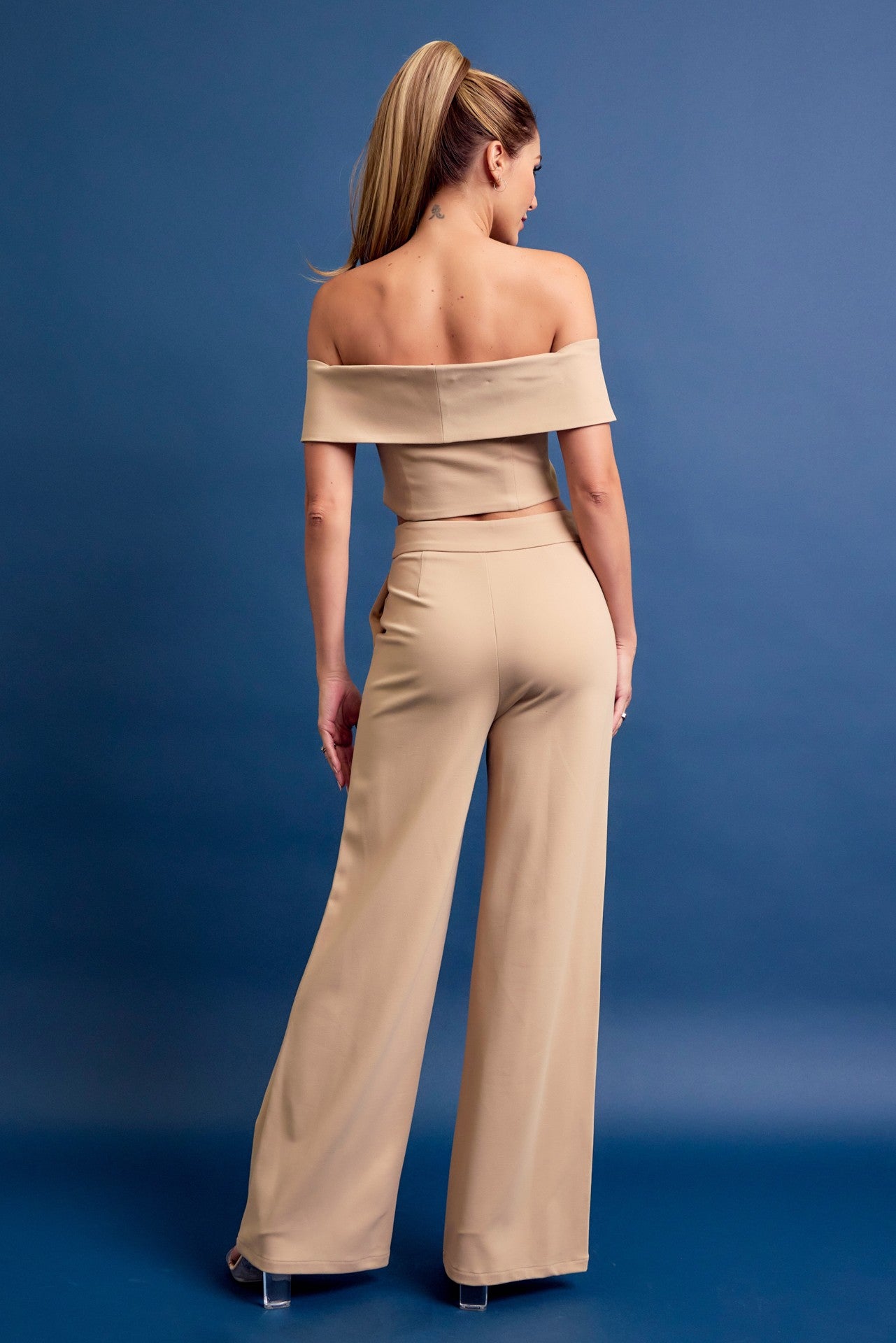 Knit Off Shoulder Crop Top and Wide Leg Pants Set AC062S