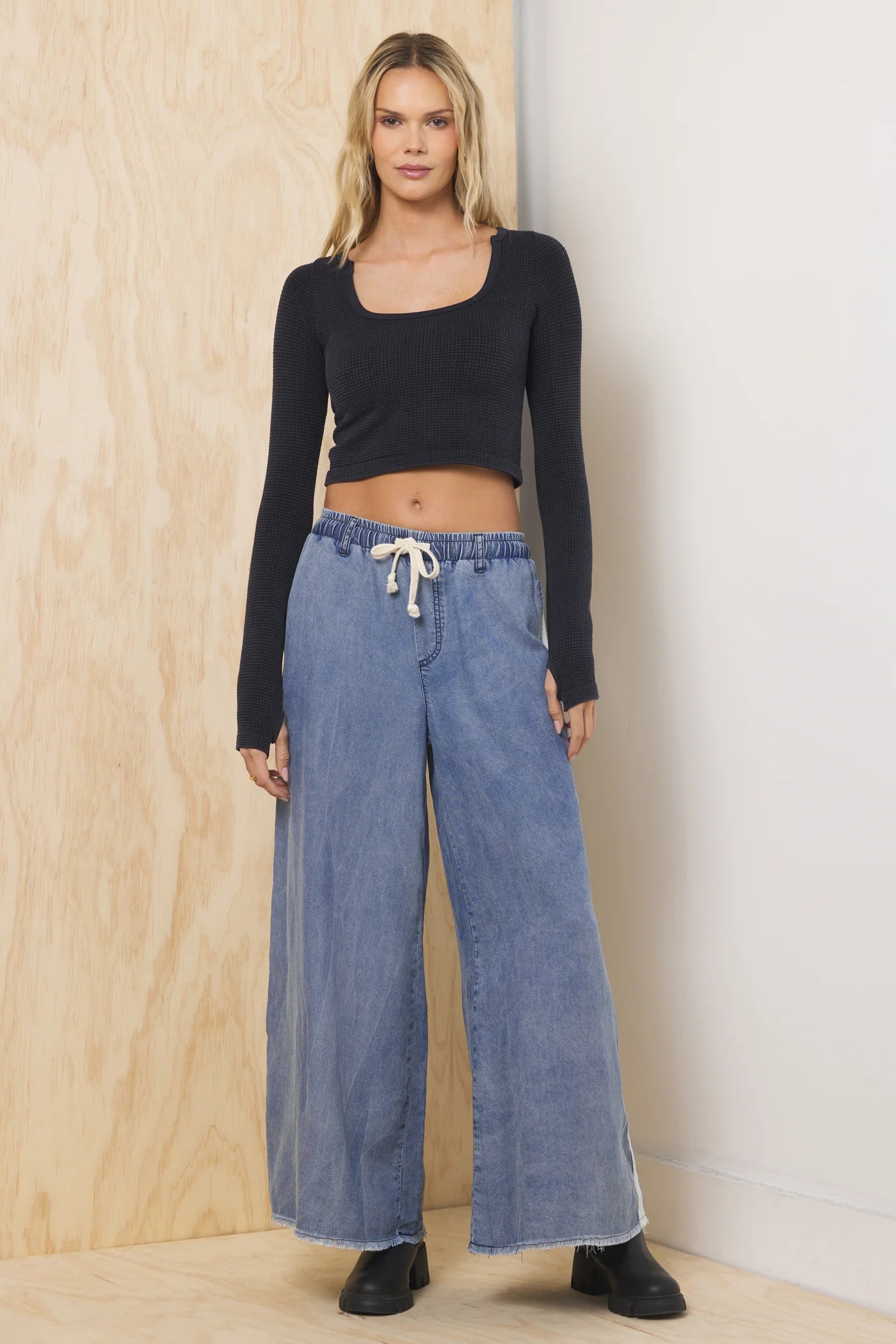 Washed Denim W/ Ivory Tencel Wide Leg Pant CC13584-WSHD