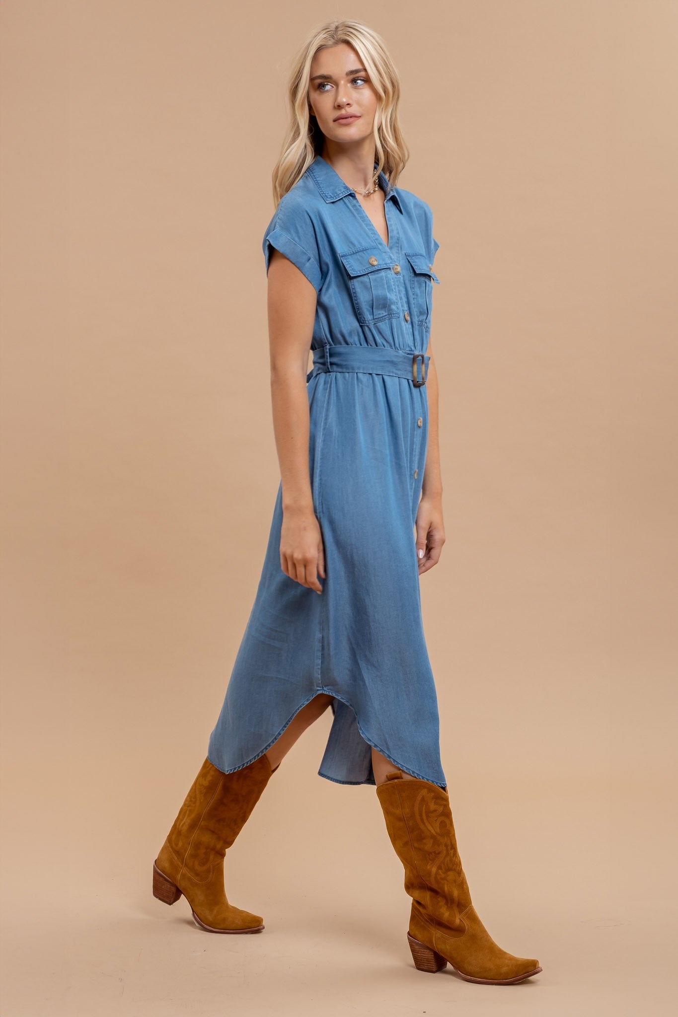 Chambray Collared Button Down Belted Midi Dress CR2376