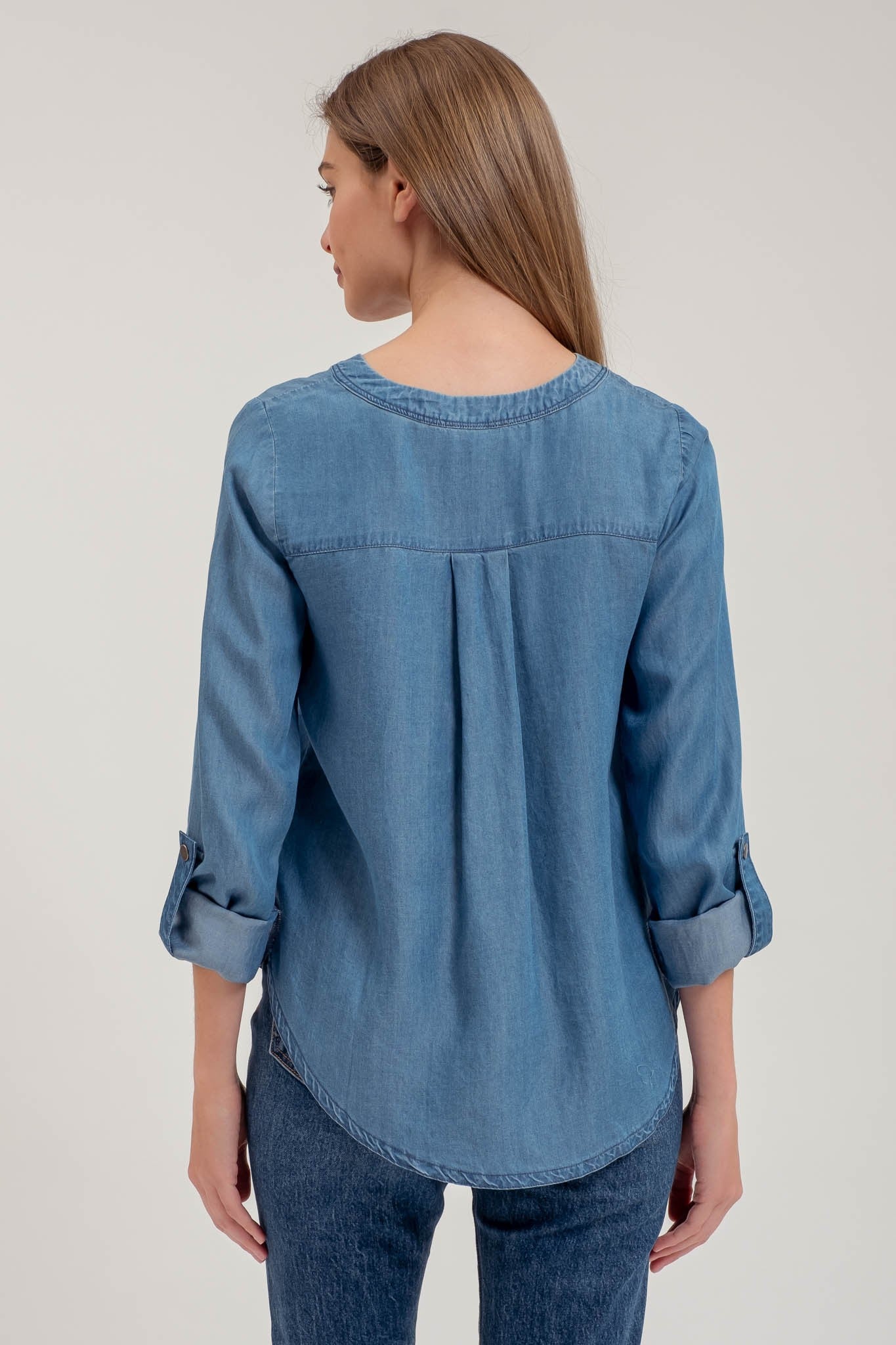 Chambray V Neck Half Button Long Sleeve Top CR2395