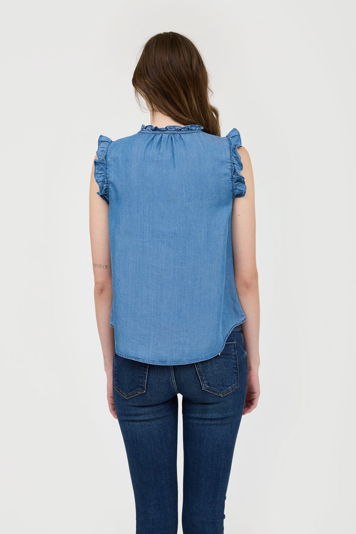 Chambray Ruffle Tie Front Sleeveless Blouse CR2407
