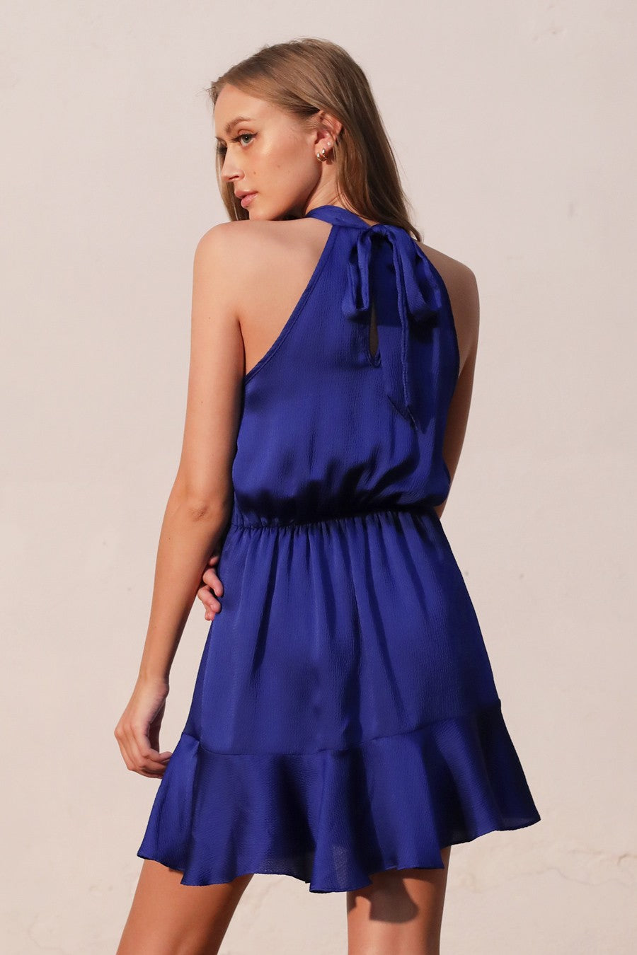 Hammered Satin Flare Halter Dress D-8585