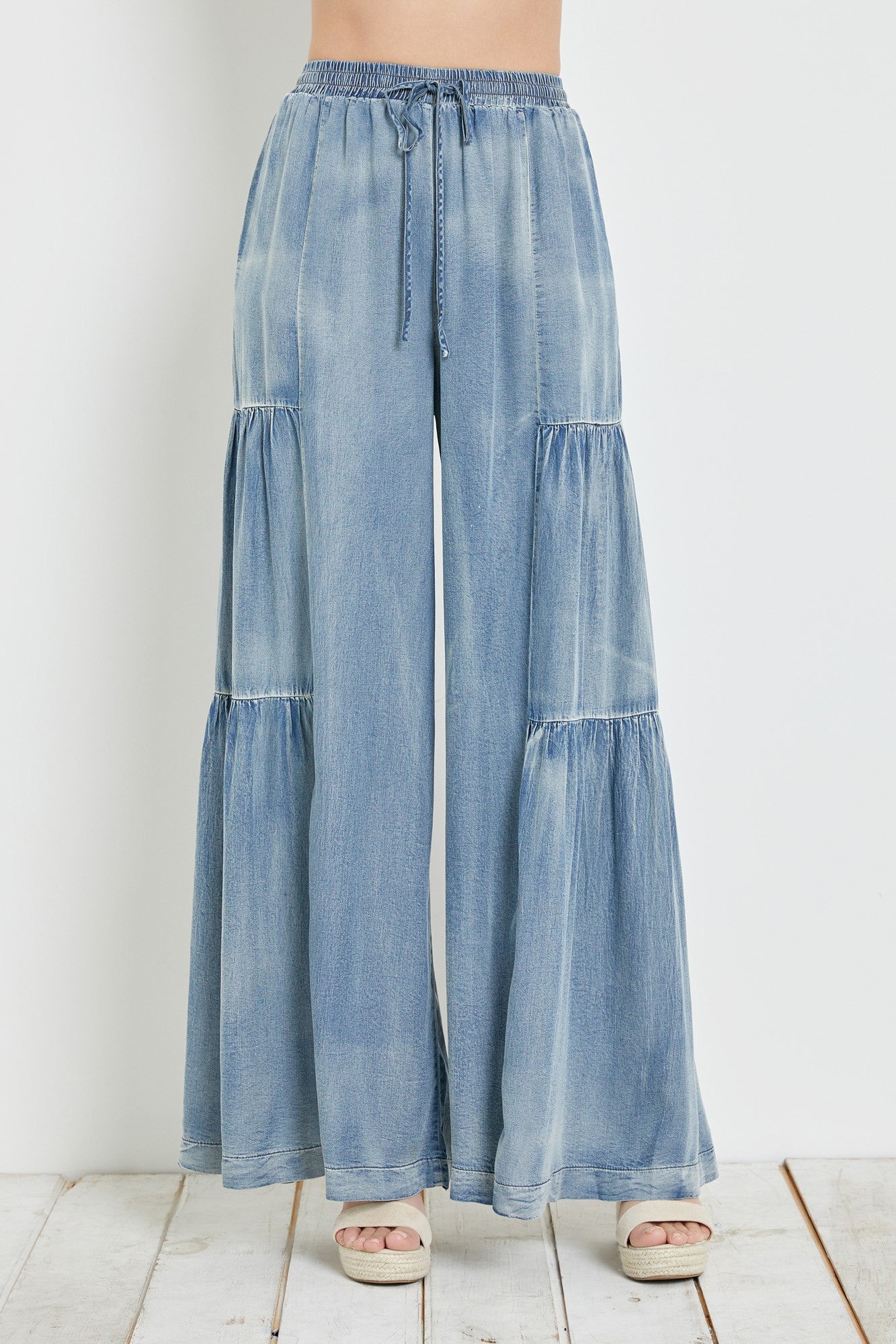 Ruffle Side Washed Denim Wide Pants DS0417