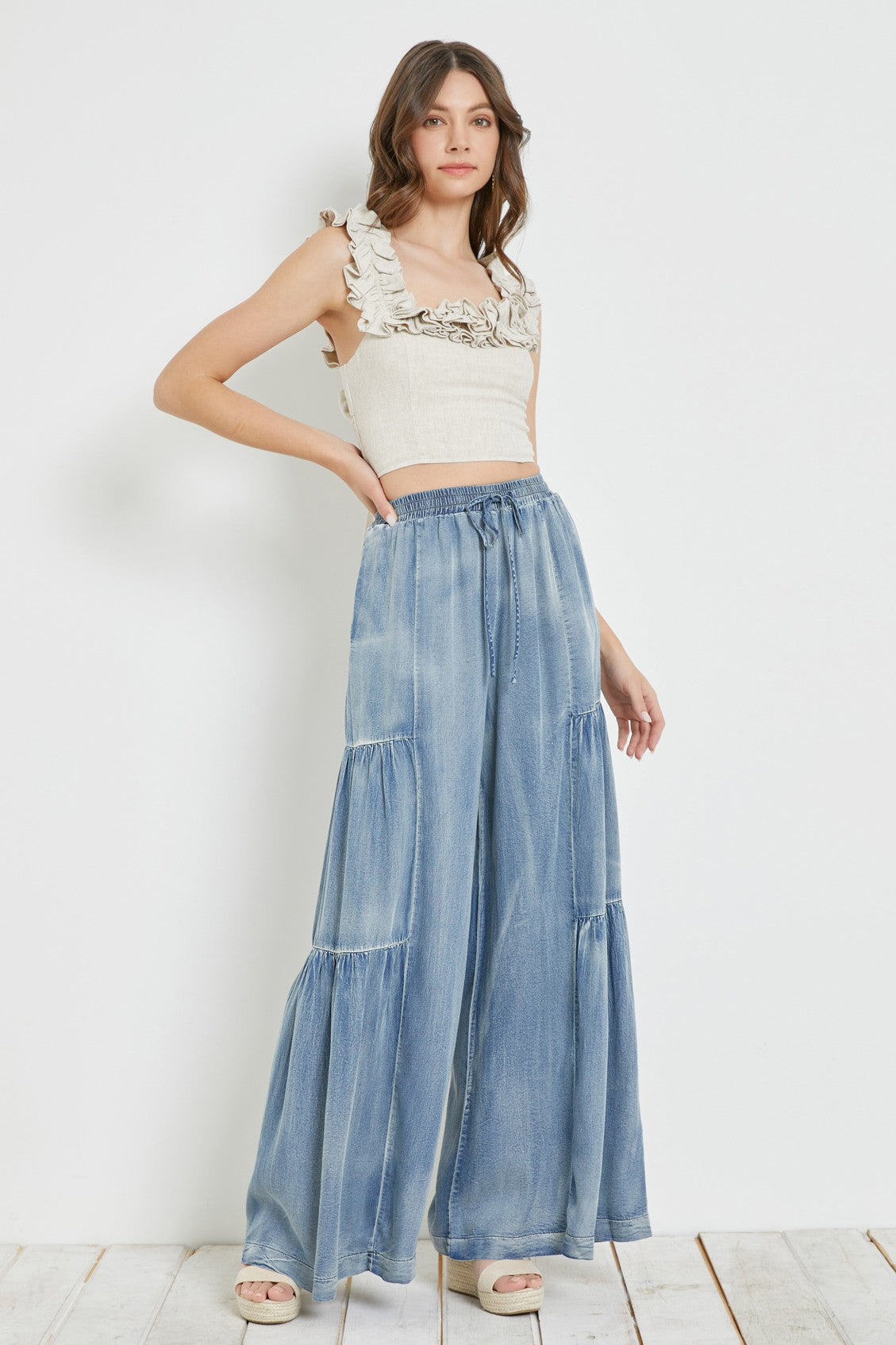 Ruffle Side Washed Denim Wide Pants DS0417
