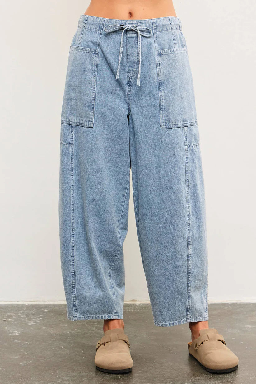 Tied Front Side Seam Detail Banded Back Denim Balloon Pants DS0768