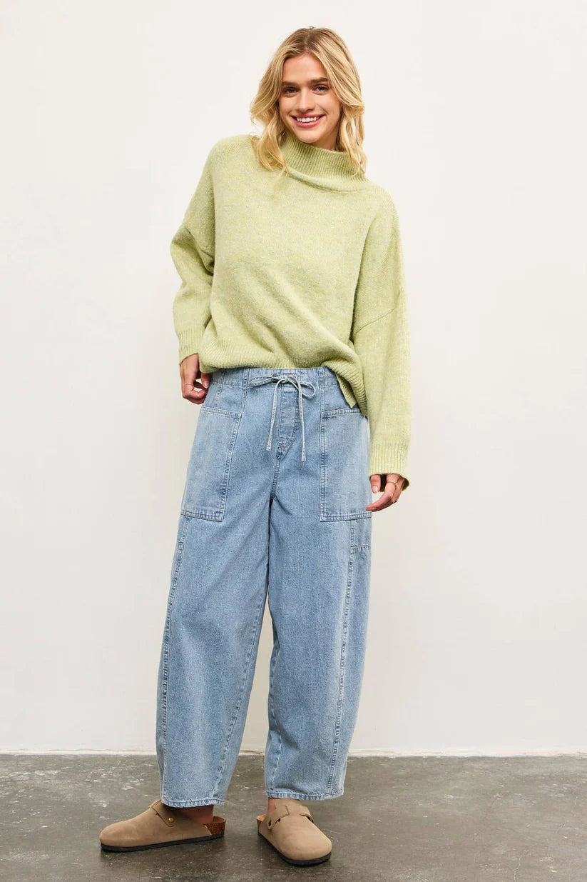 Tied Front Side Seam Detail Banded Back Denim Balloon Pants DS0768